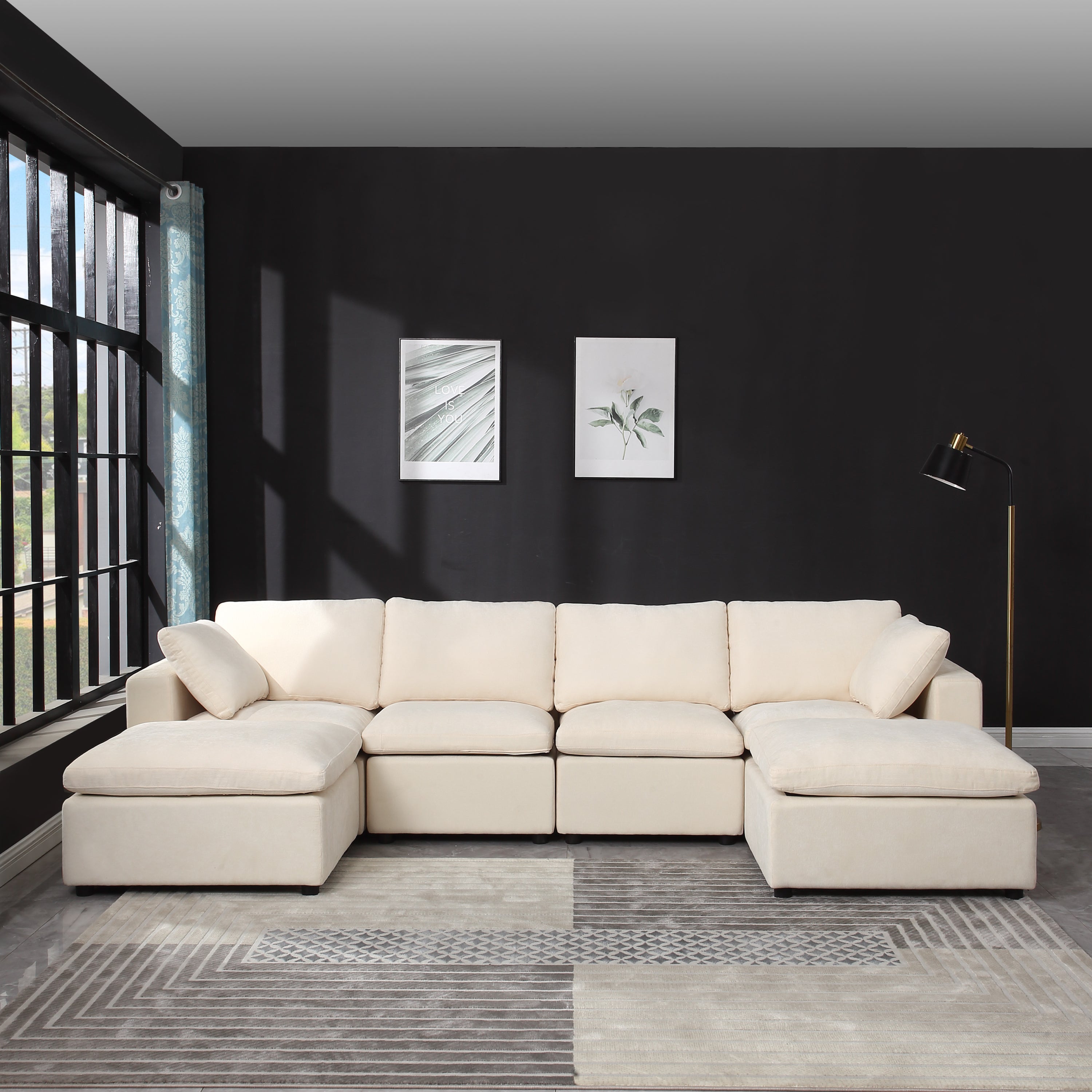 Beige Chenille Modular Sectional Sofa (6 Seats)