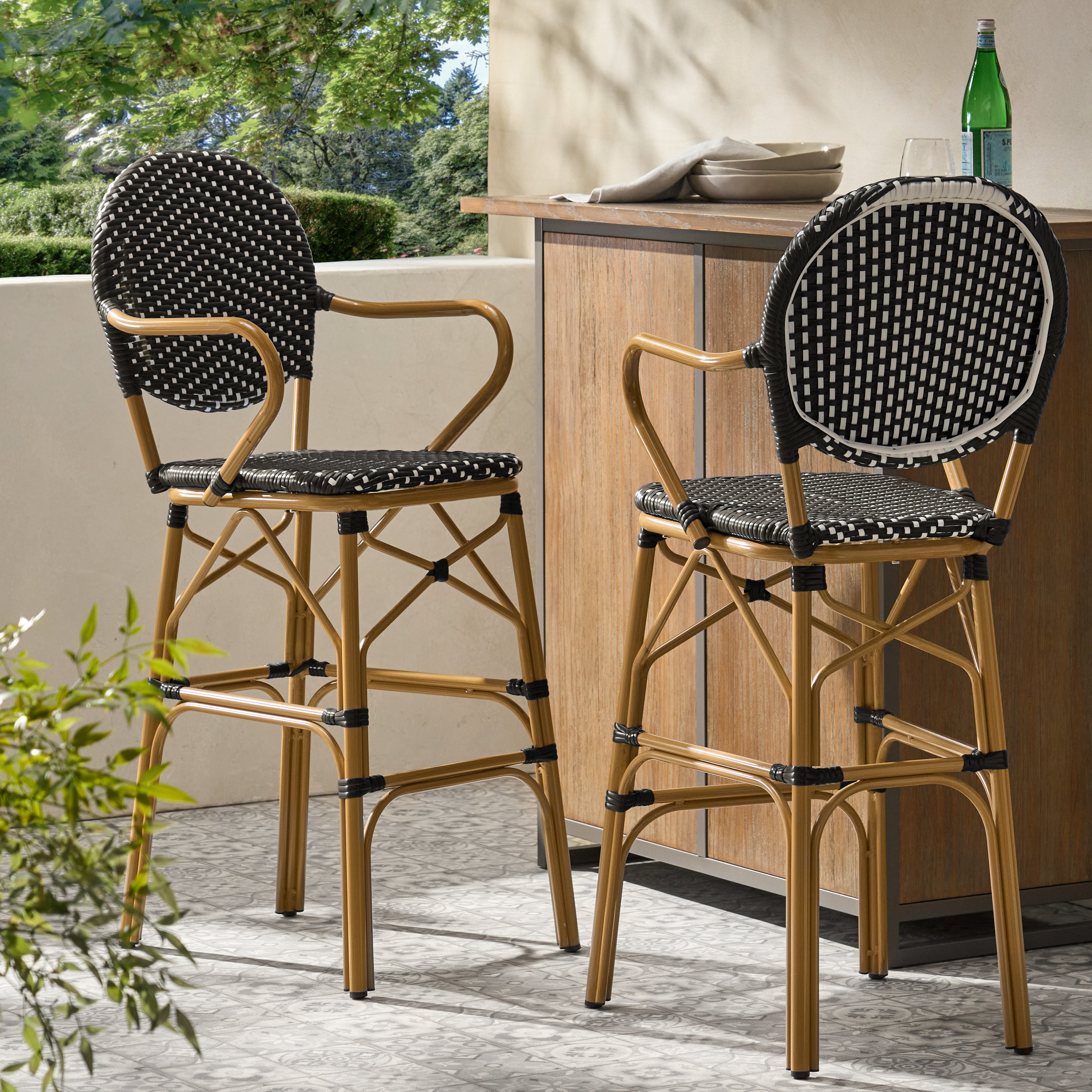Black Wicker & Aluminum Bar Stools (Set of 2)