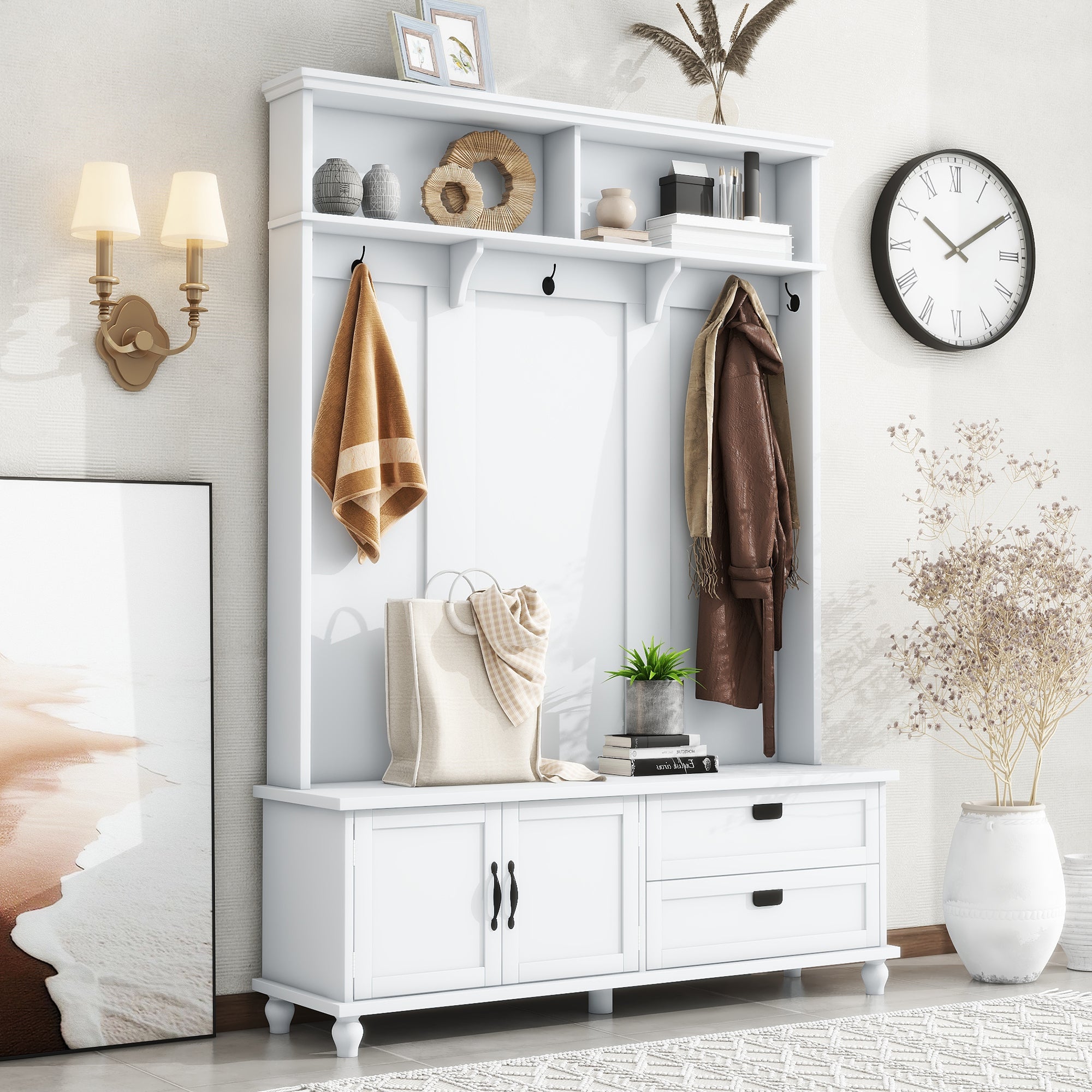 Modern Hall Tree w/ Storage, Drawers & Coat Hooks - White