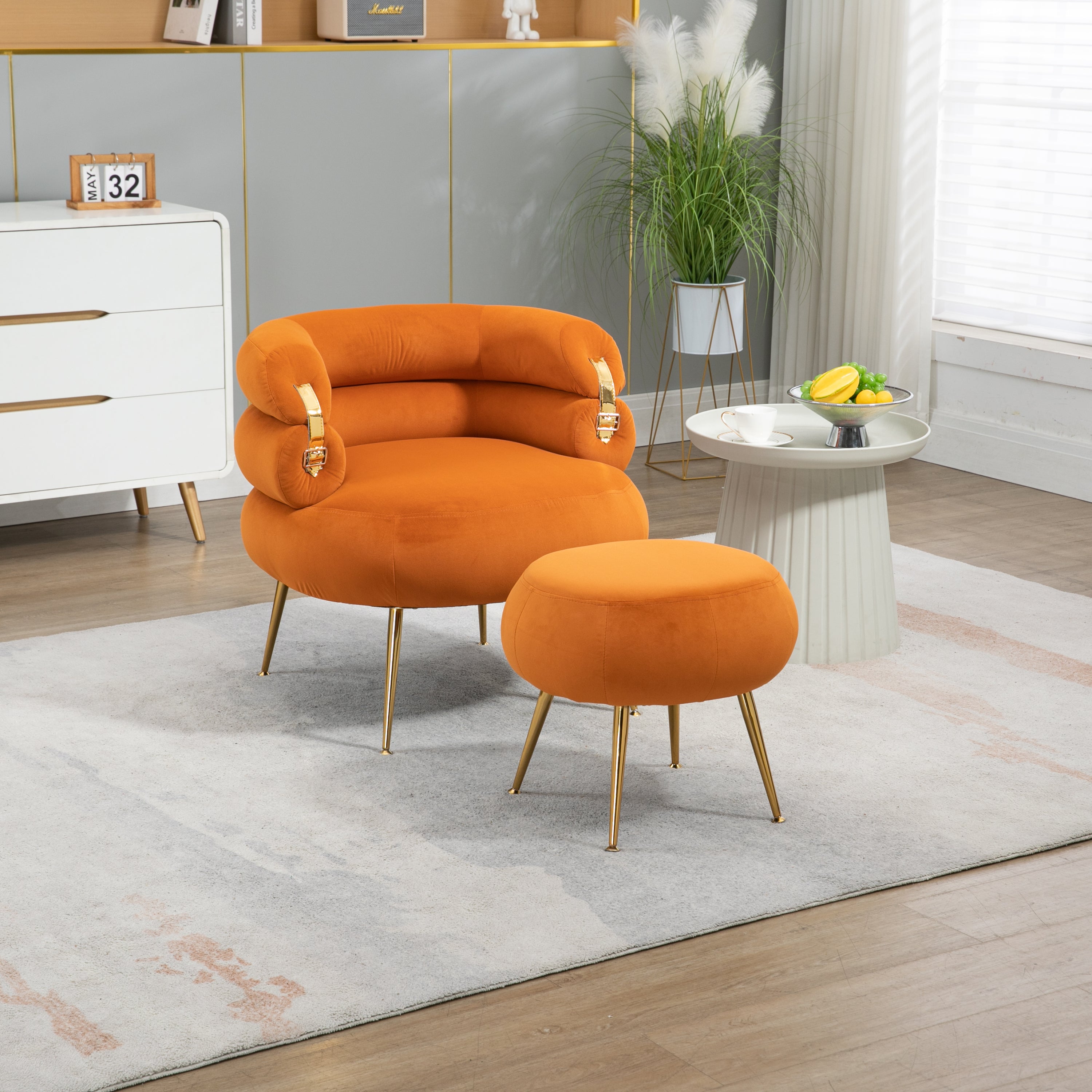 Velvet Barrel Accent Chair w/ Ottoman (Orange)