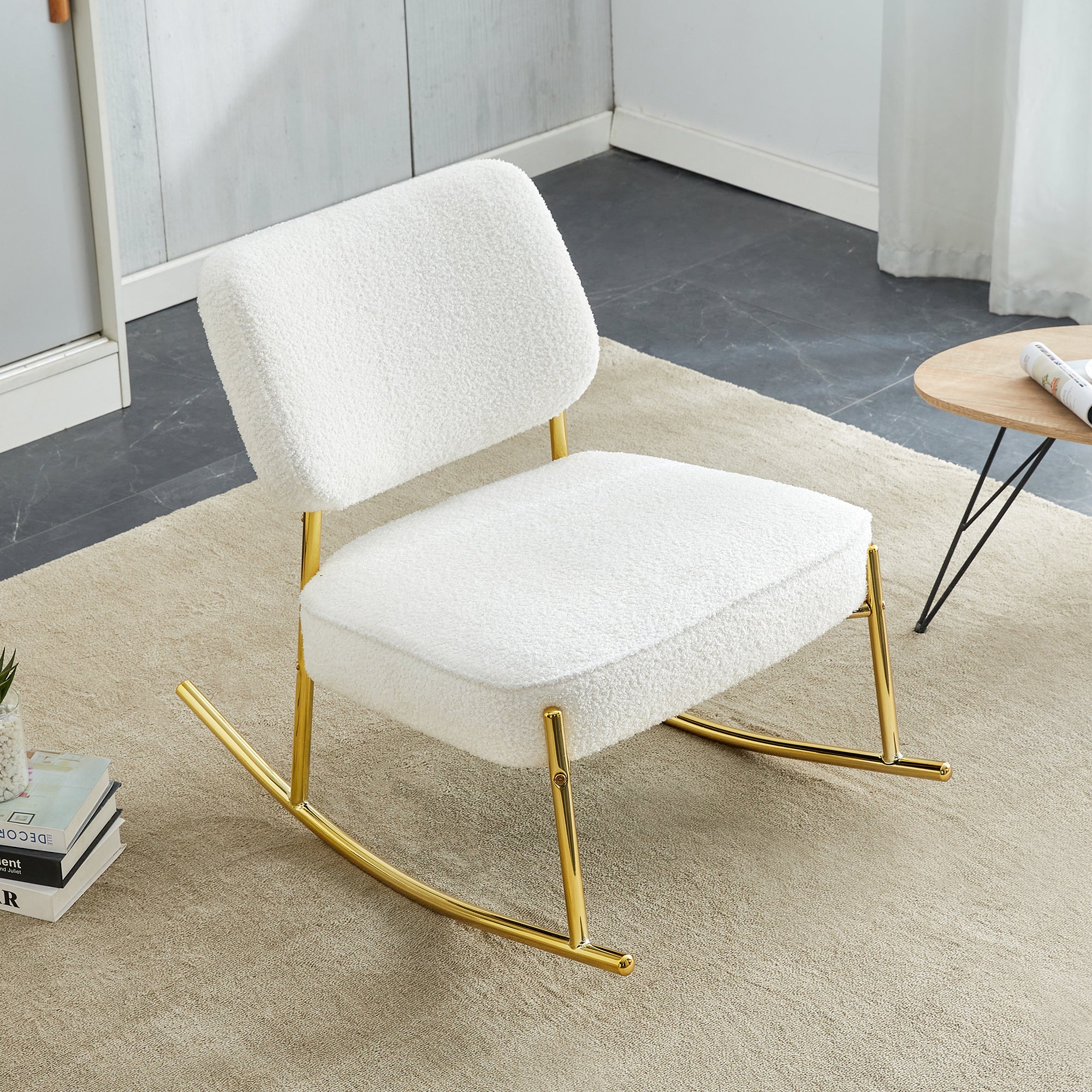 White Teddy Rocking Chair | Cushioned Seat & Gold Legs