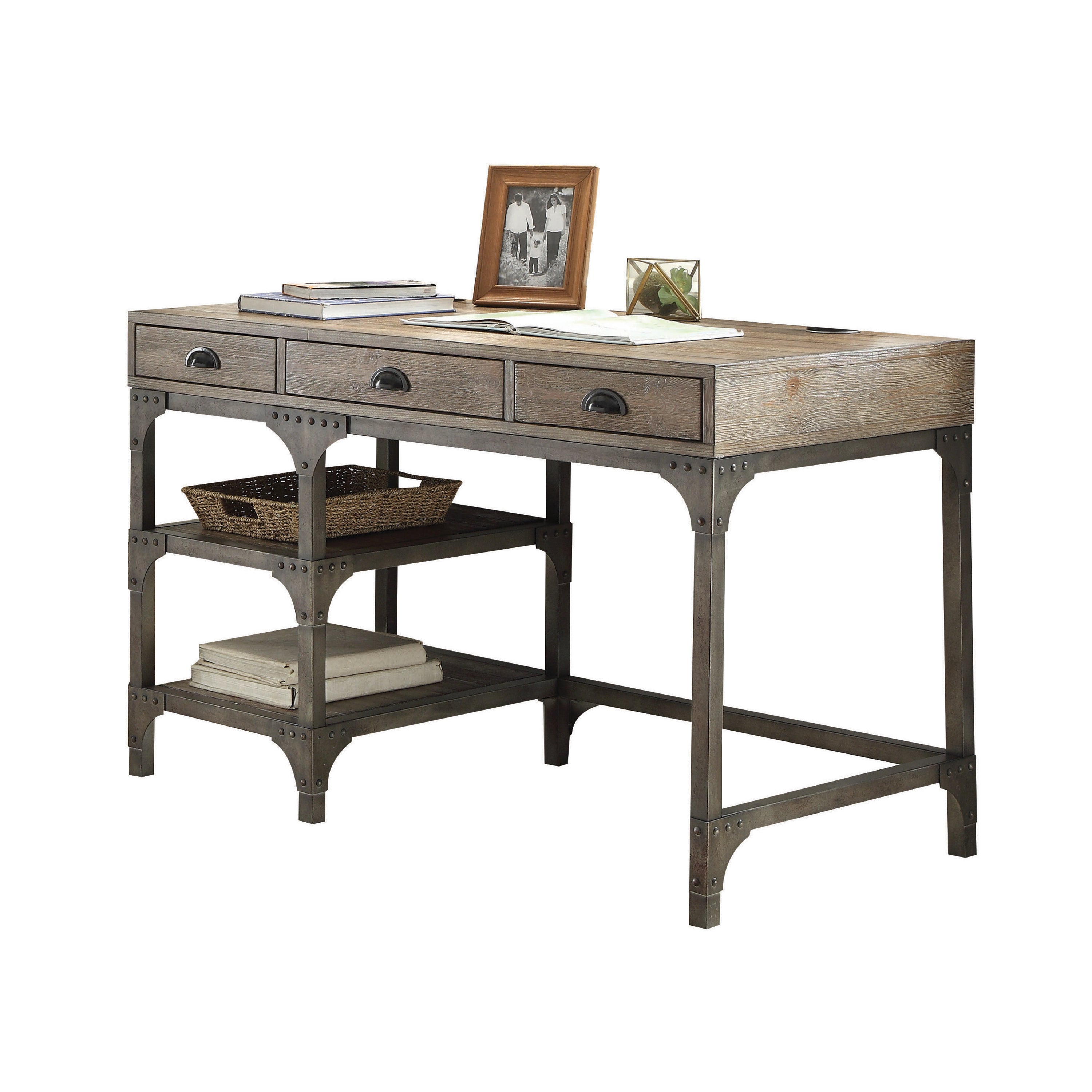 Weathered Oak Writing Desk | Antique Silver Metal Accents