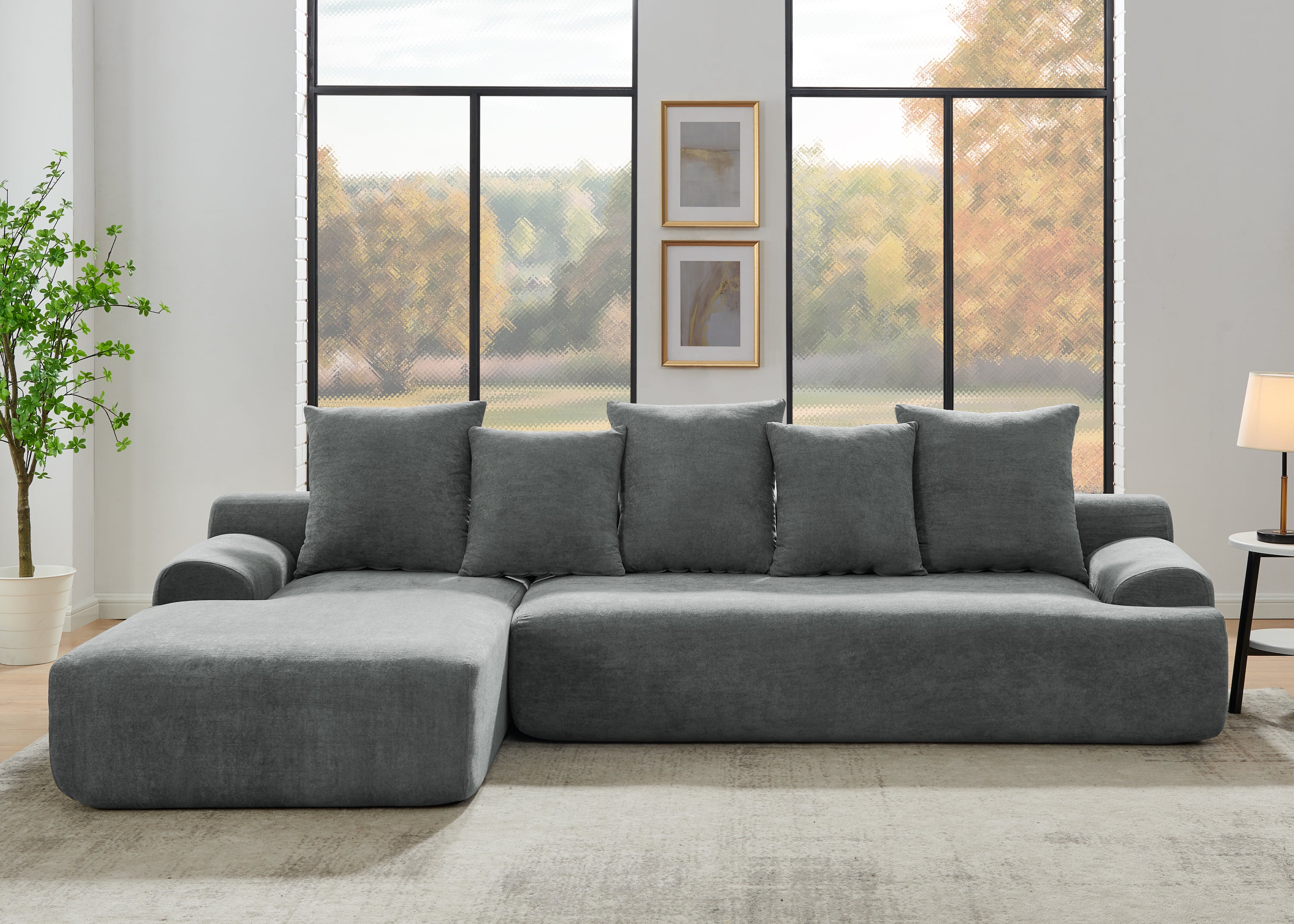 Modern Upholstered L-Shape Sectional Sofa, Grey Velvet