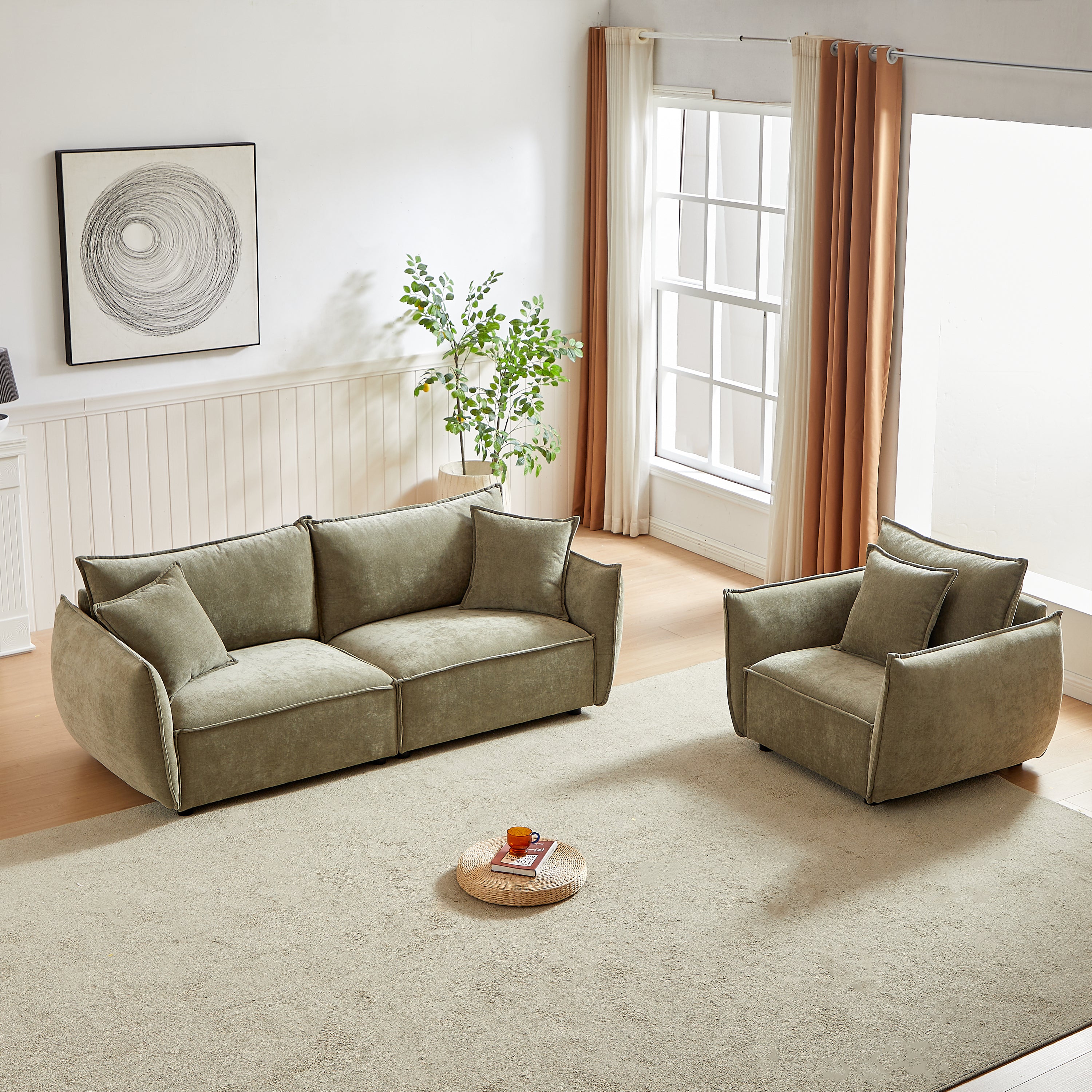 Modern 3+1 Seater Sofa: Linen, Wooden Frame