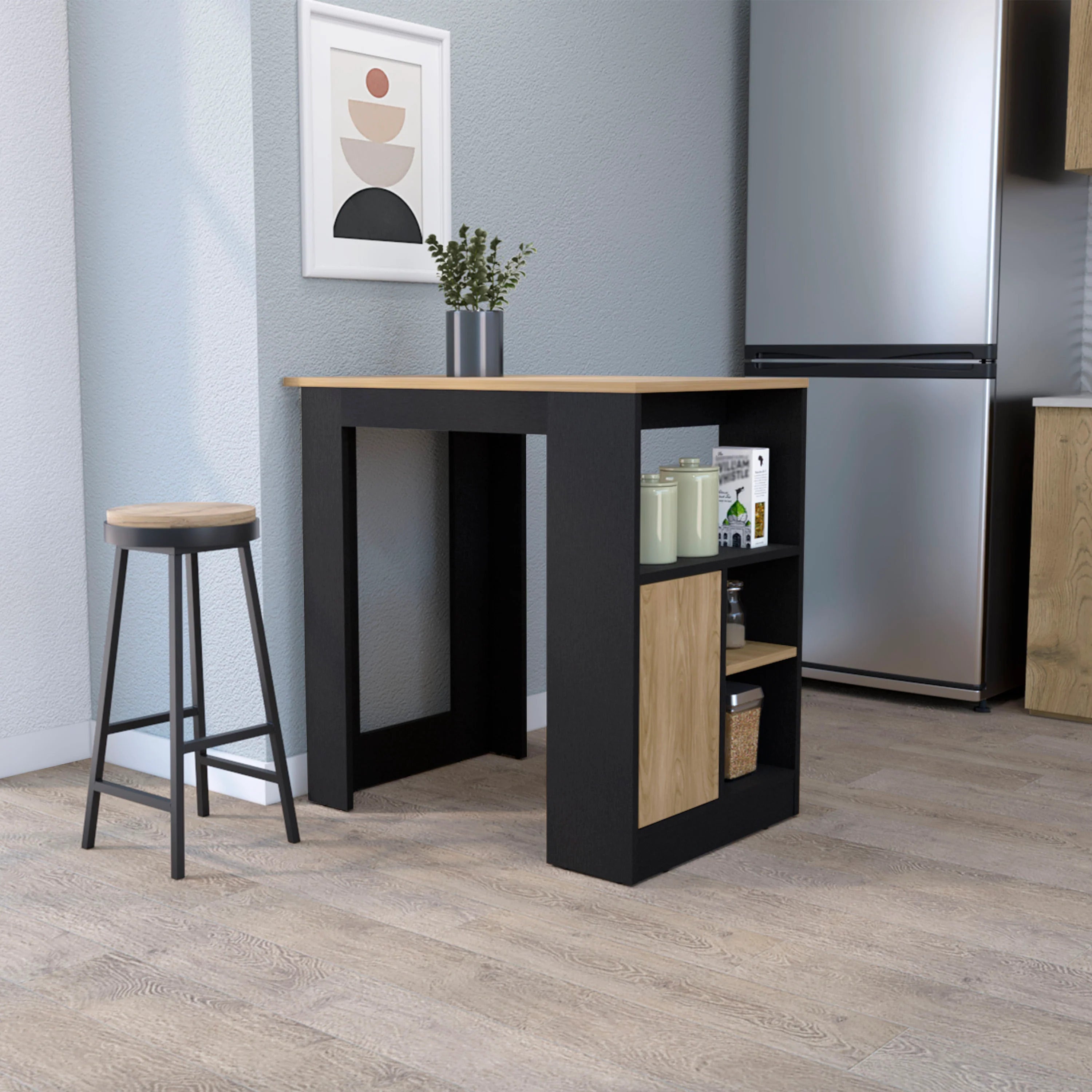 Black & Oak Kitchen Island: 1-Door Open Storage