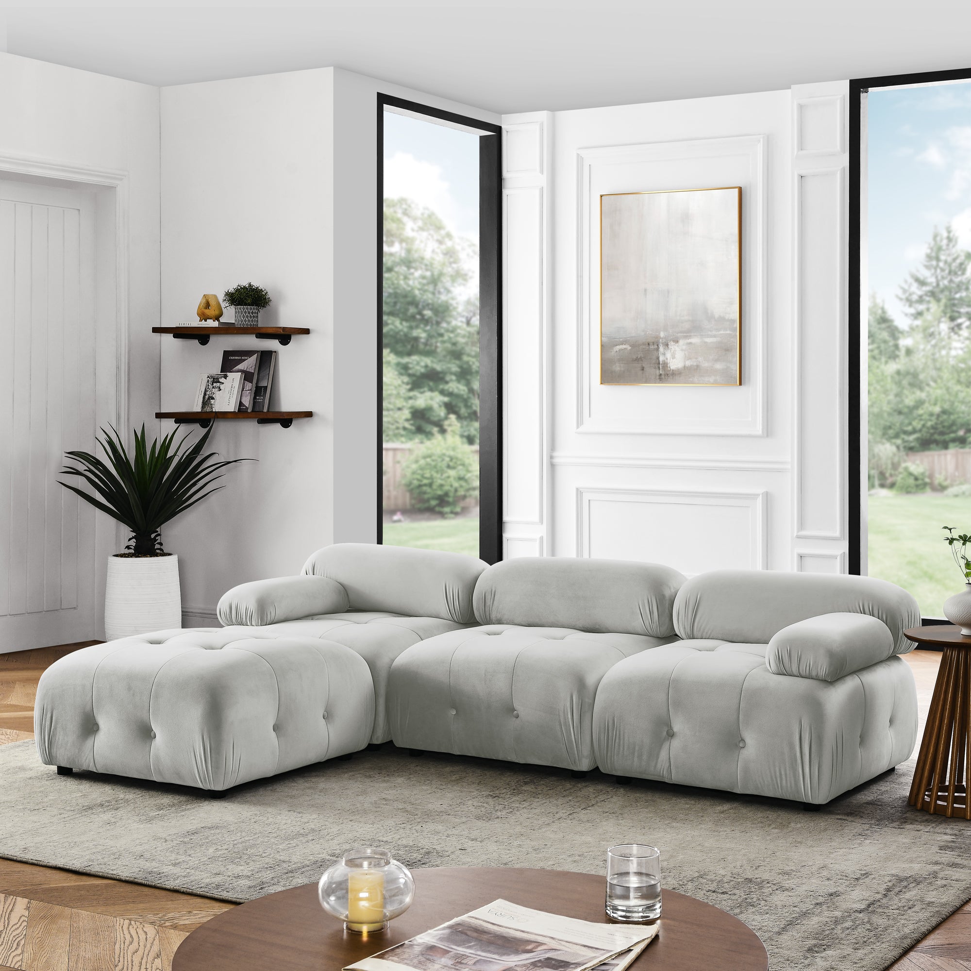 Modular Sectional Sofa, Grey Velvet, DIY Couch w/ Ottoman
