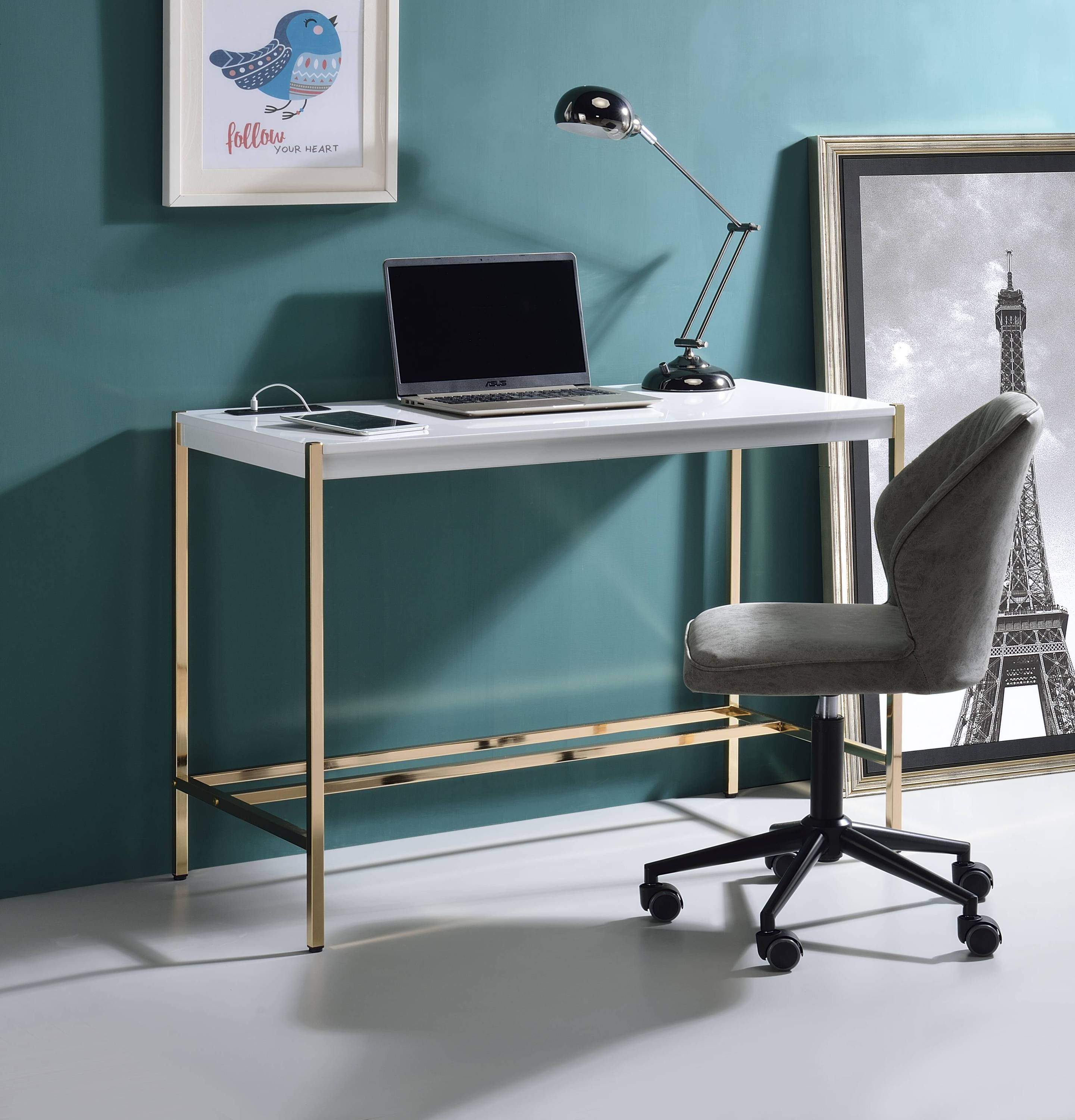 Midriak White & Gold Writing Desk w/USB