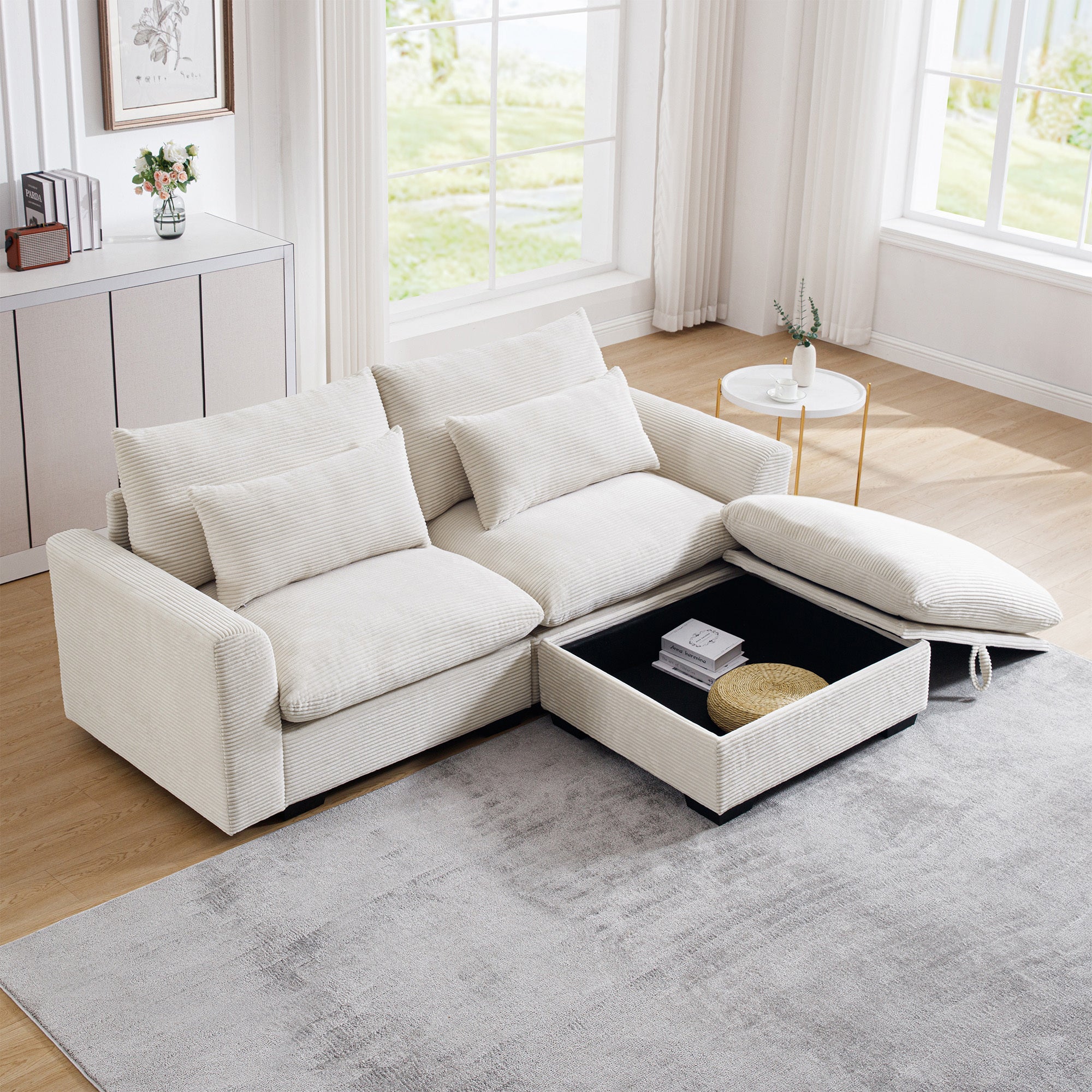 Comfy Corduroy Sectional Sofa with Ottoman
