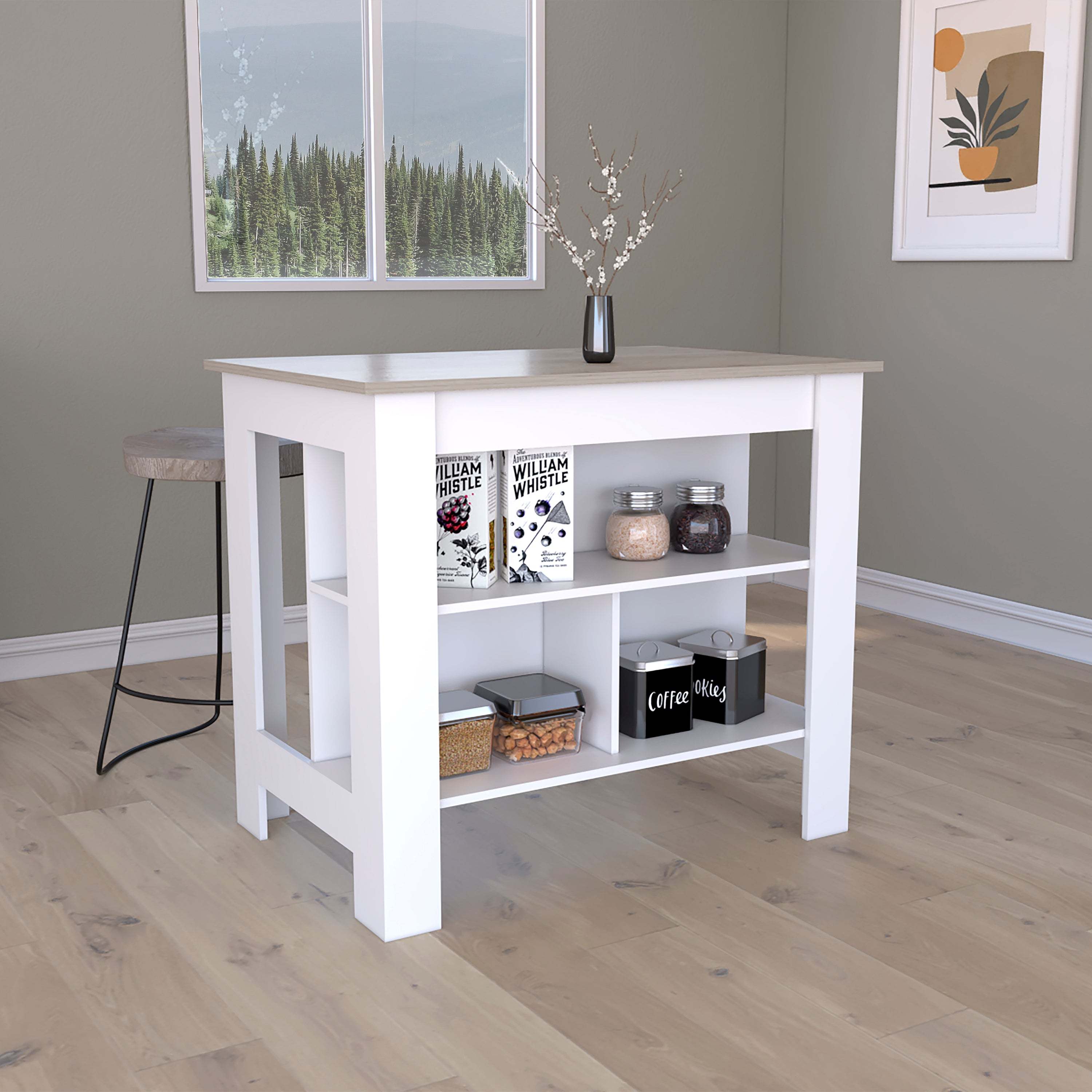 White Kitchen Island Table w/ Storage Shelves - 35"H