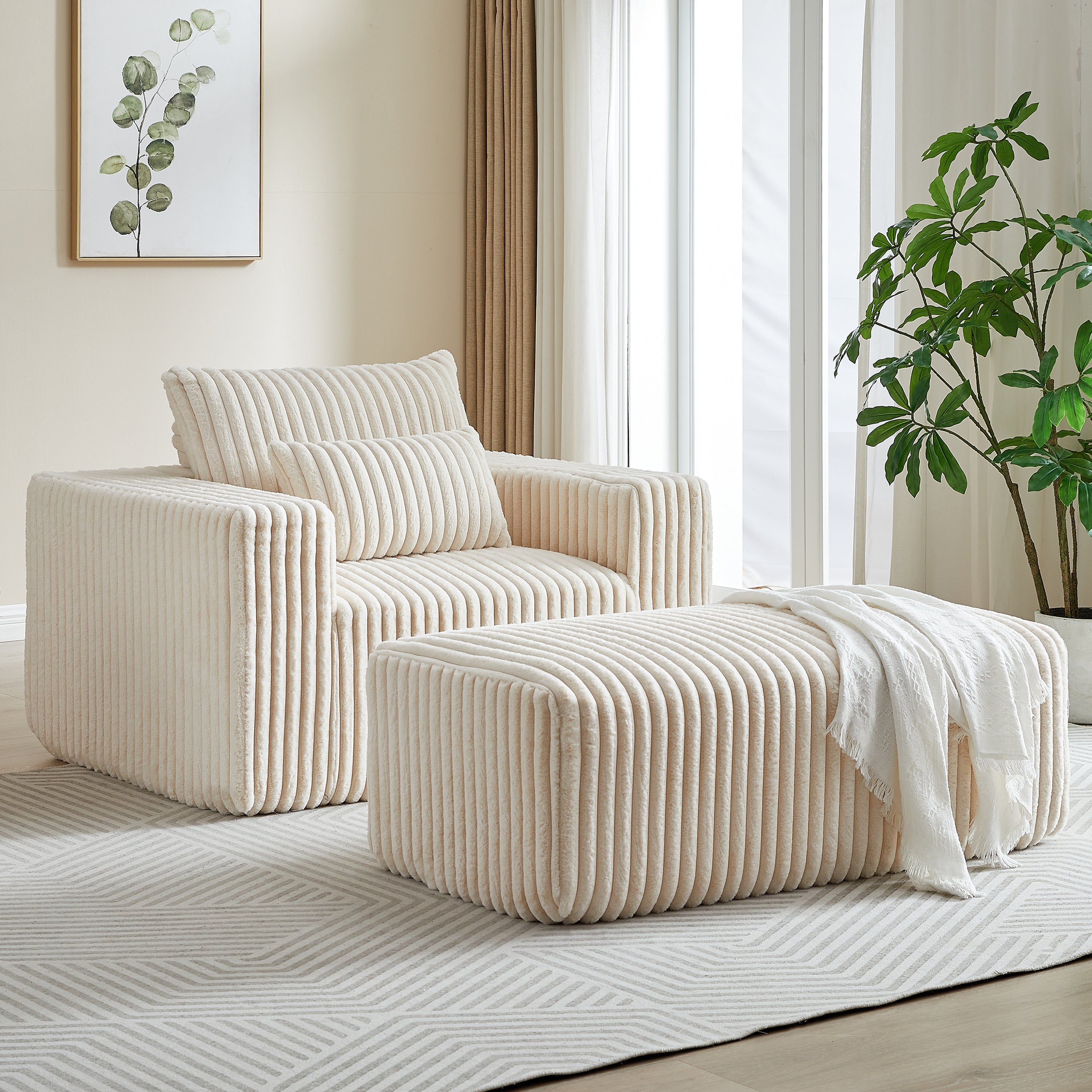 Modern Corduroy Sleeper Chair w/ Footrest