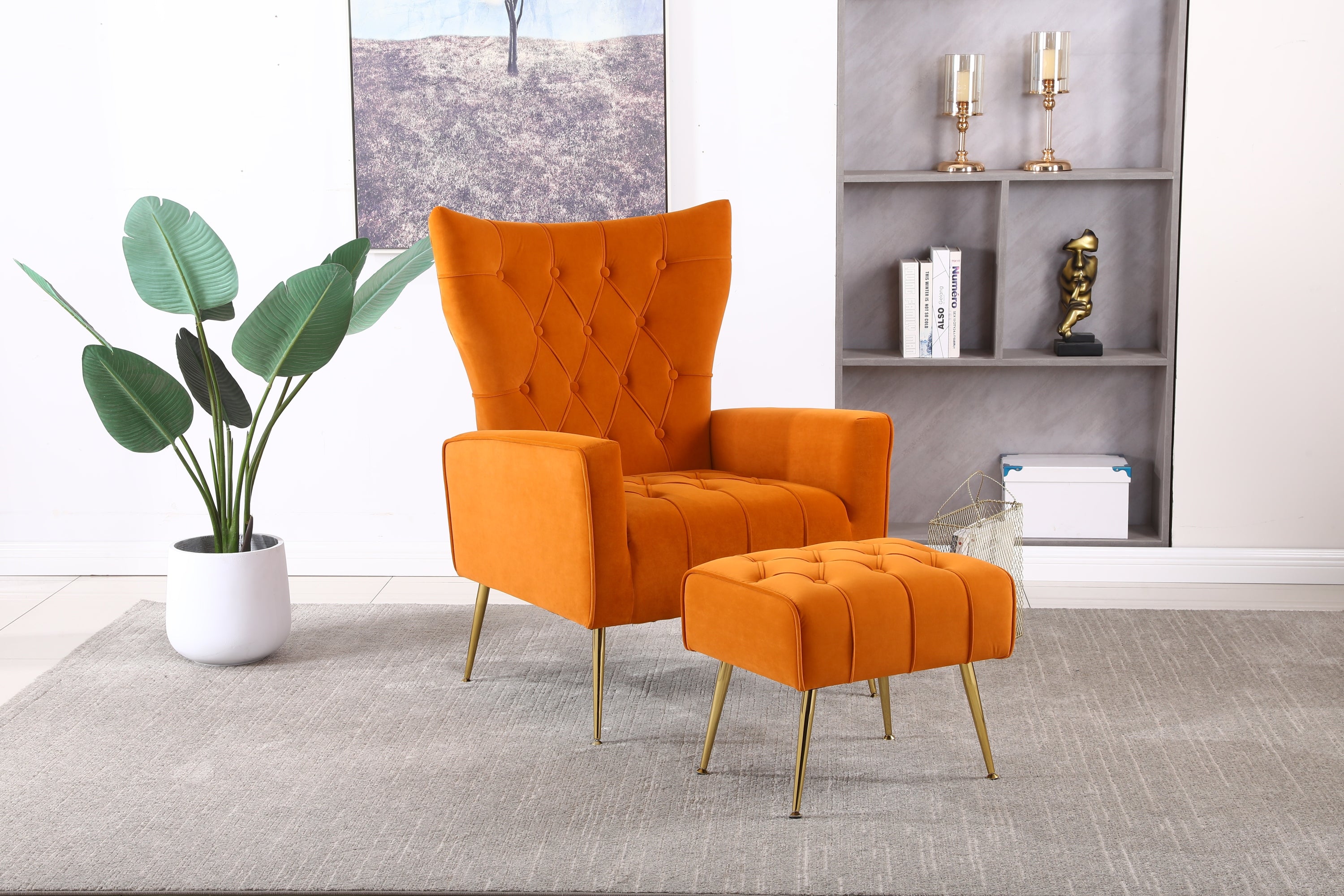 Modern Accent Chair & Ottoman | Orange Armchair Set