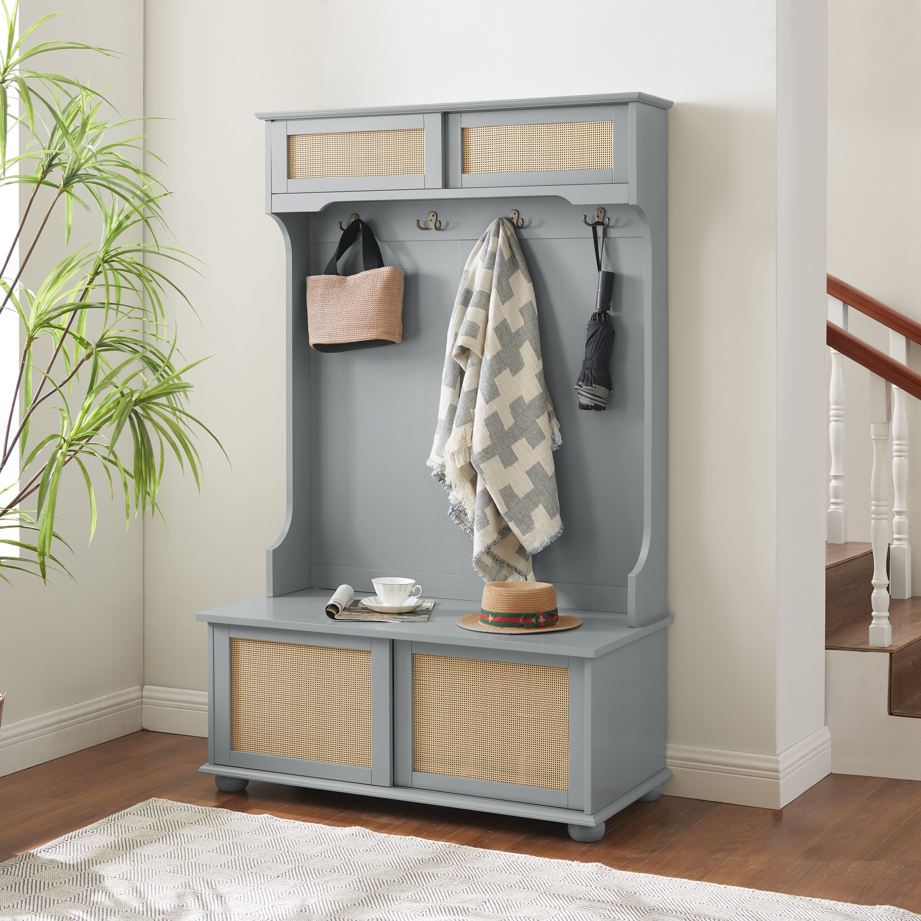 Hall Tree with Storage Bench & Shoe Rack | Gray Entryway Organizer