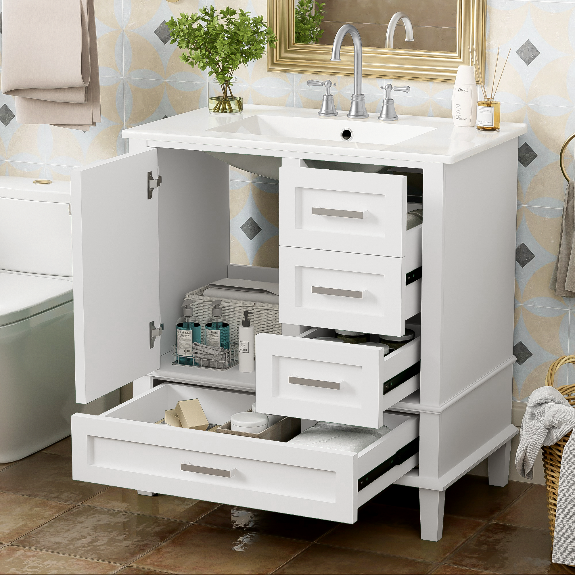 30" White Bathroom Vanity with Sink & Storage