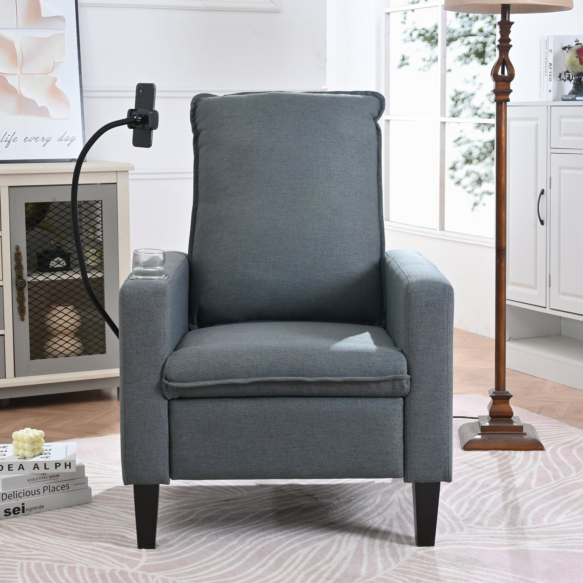 Modern Gray Recliner Chair w/ Cup Holder & Phone Stand