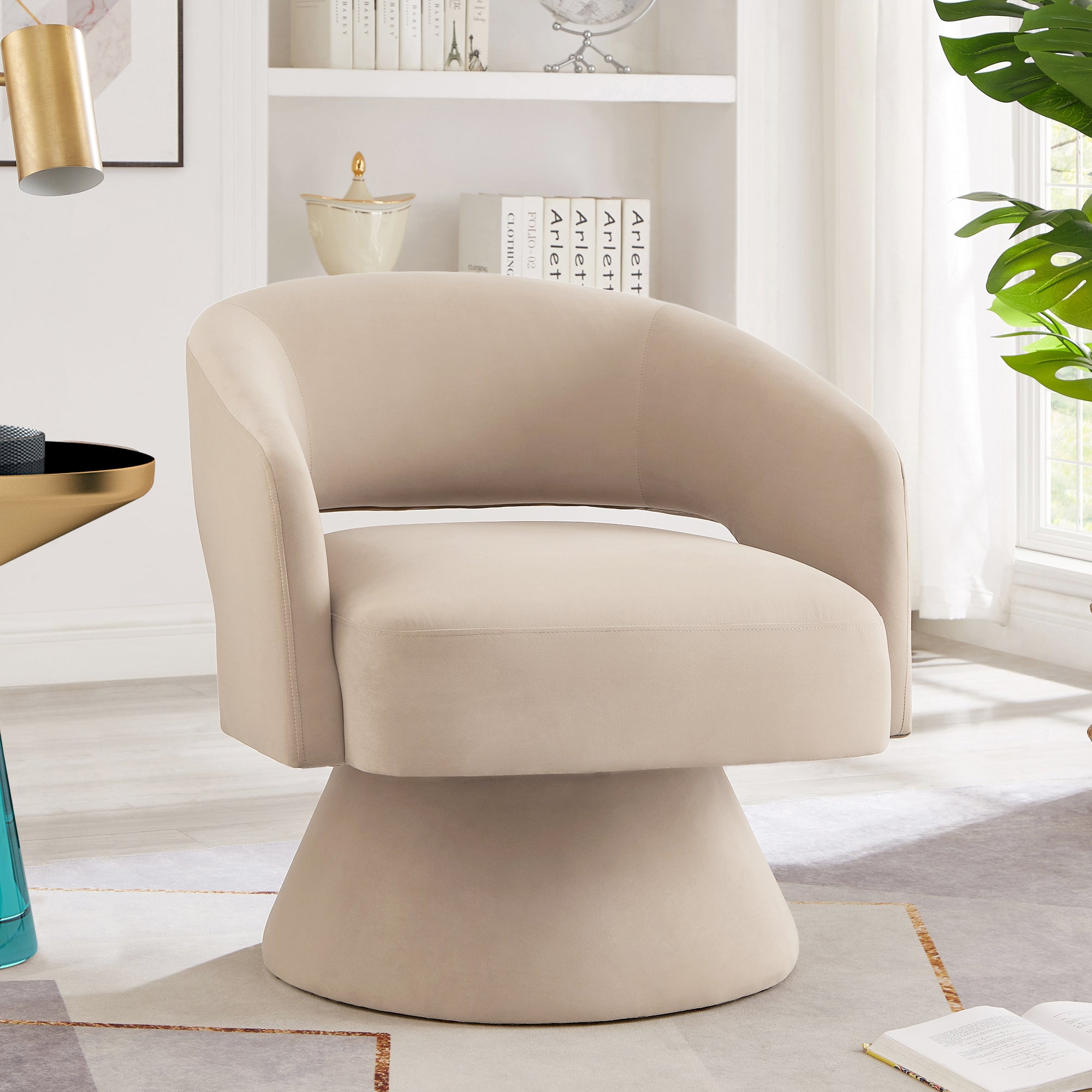 Modern Velvet Swivel Barrel Chair | Taupe