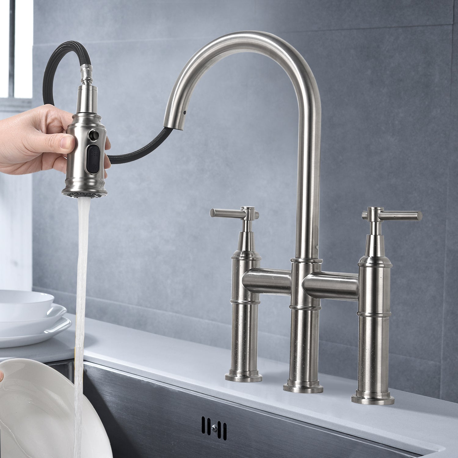Spot-Free Pull-Down Bridge Kitchen Faucet