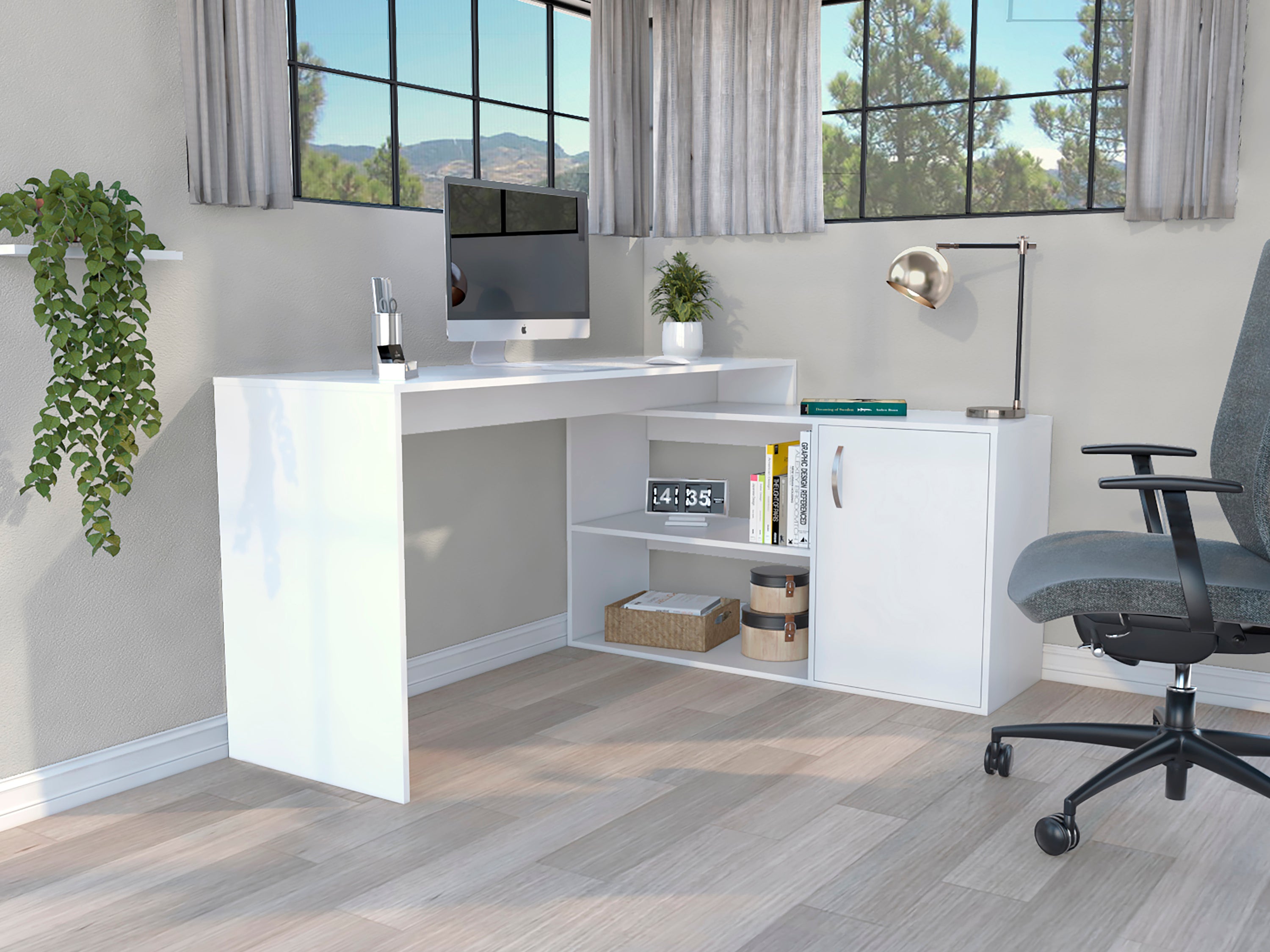 Axis Modern White L-Shaped Computer Desk w/ Storage