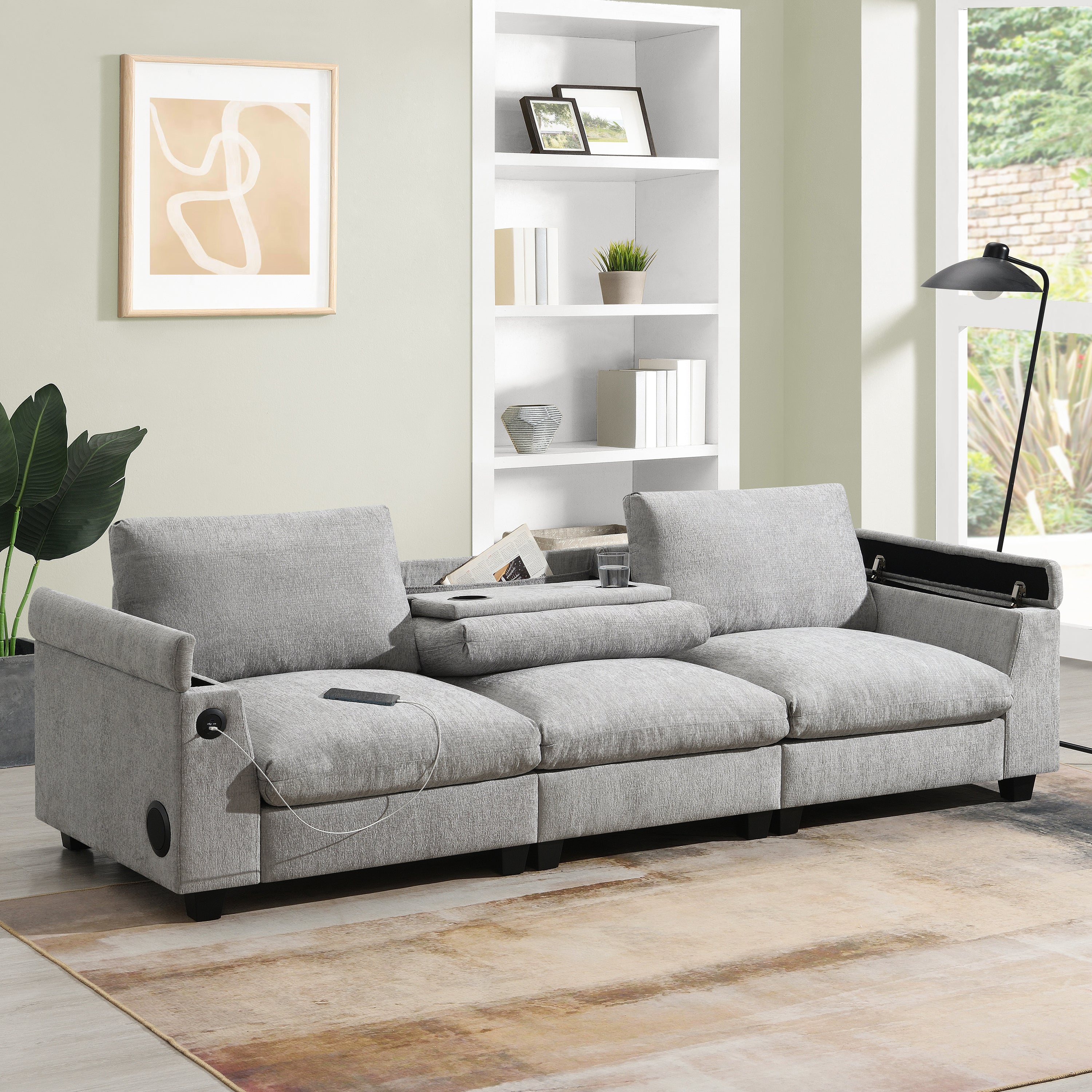 Chenille Sectional Sofa w/ Bluetooth & USB