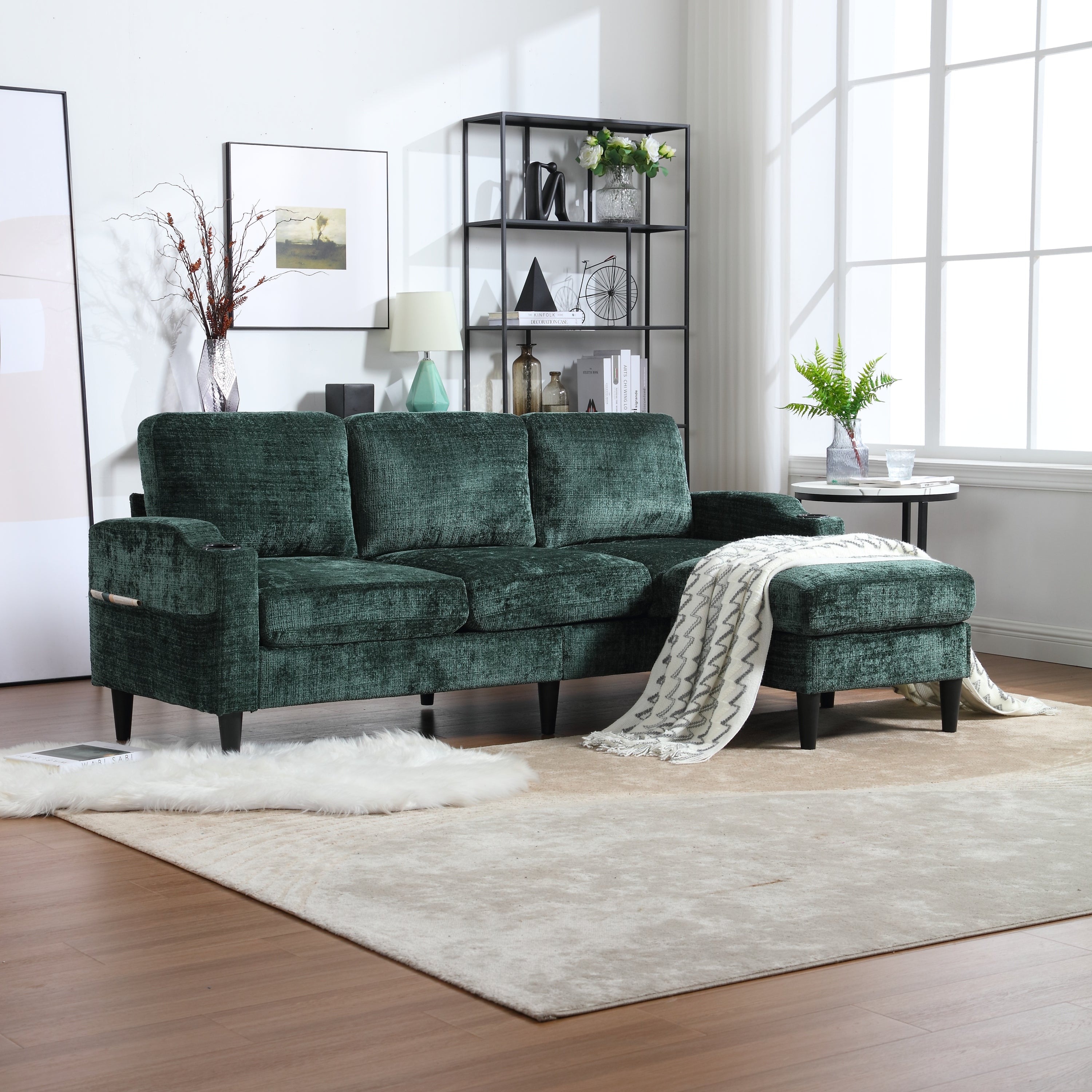 UNITED WE WIN 3-Seater Sofa w/ Cup Holders & Storage Footstool