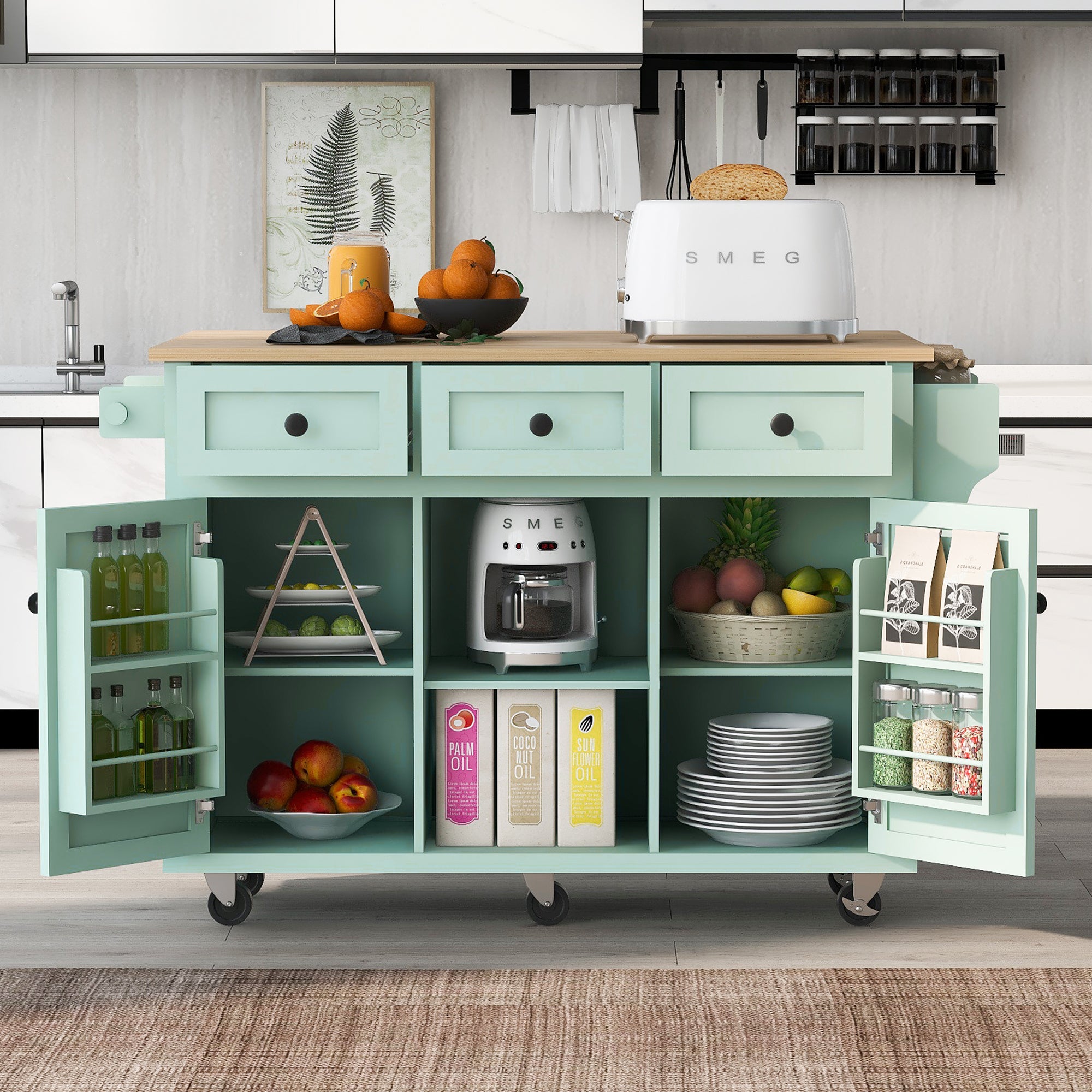 Mint Green Kitchen Cart w/ Drop Leaf & Storage