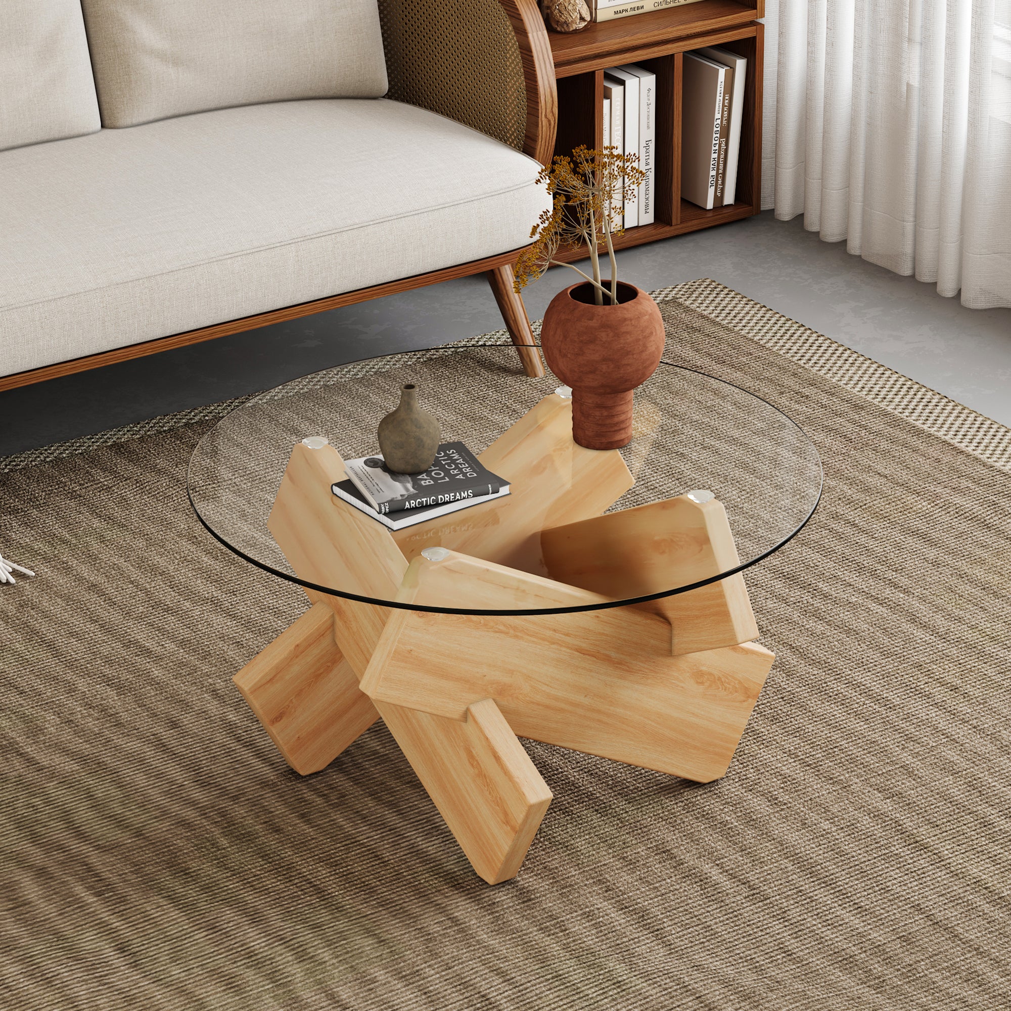 Modern Circular Glass Coffee Table, 33.4", Wood Legs