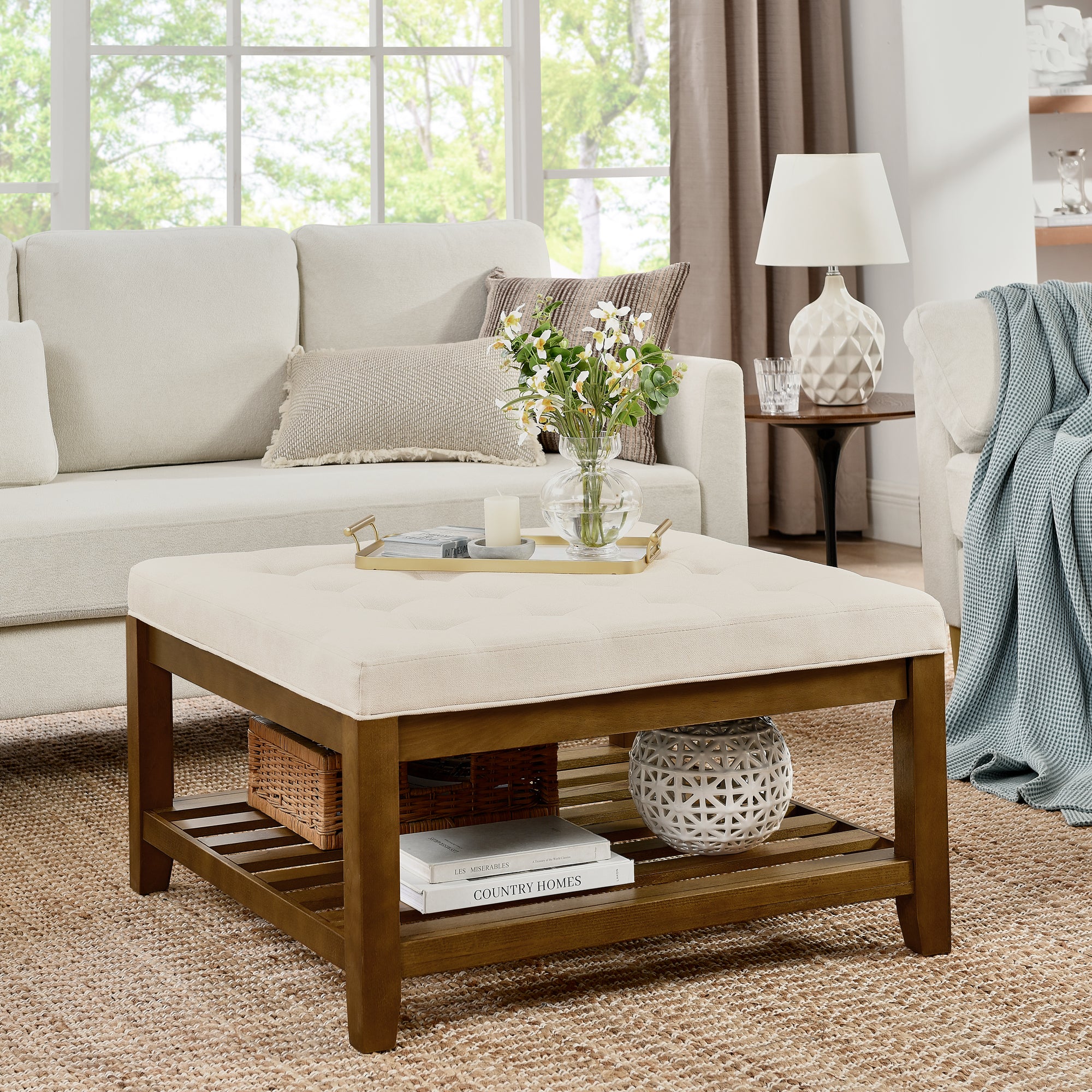 Tufted Ottoman Coffee Table | Linen & Beech Wood | Ivory