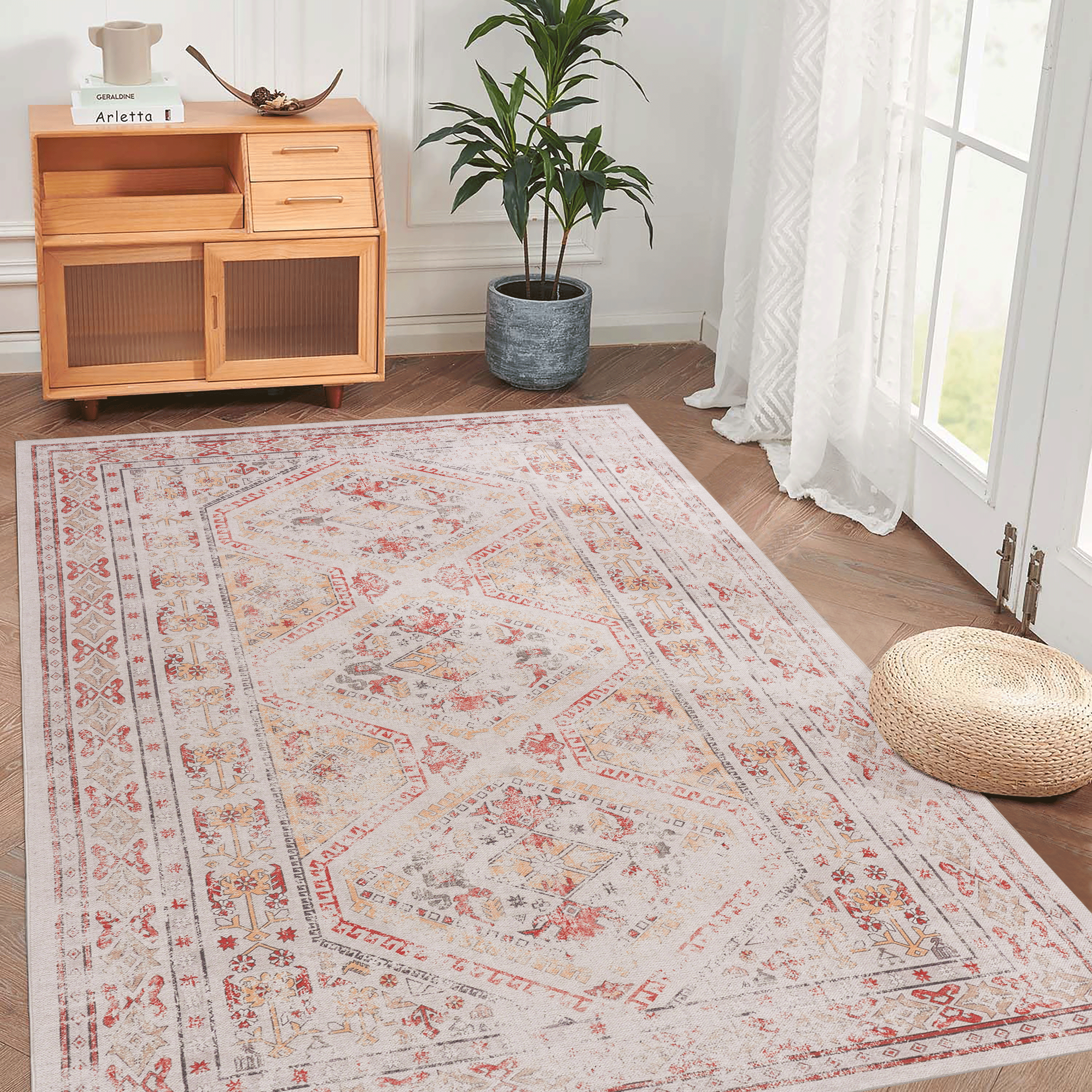 Beige 4x6 Washable Area Rug, Non-Slip, Pet-Friendly