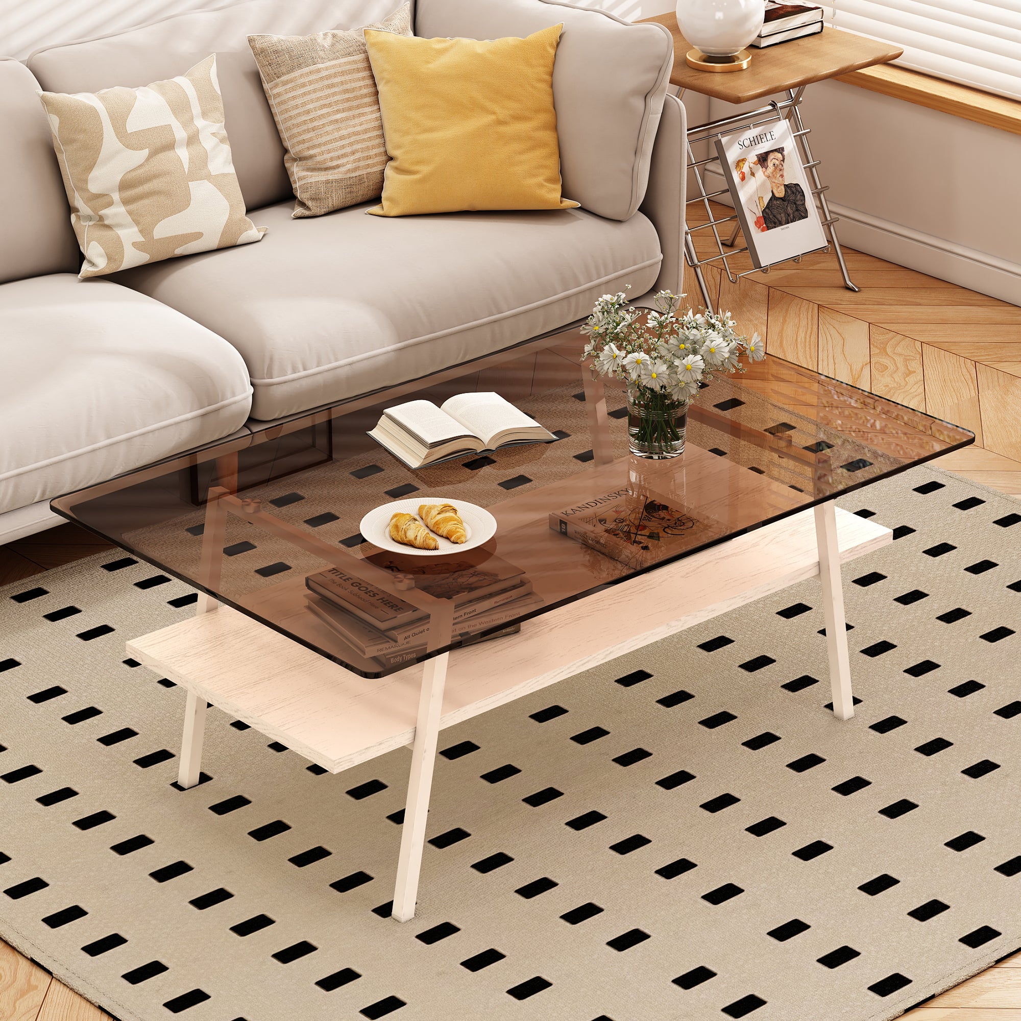 Modern Brown Glass Rectangle Coffee Table with White Legs