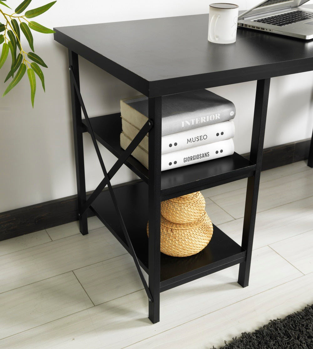 Buket 60" Metal Frame Desk | Black Wood Top | 4 Shelves