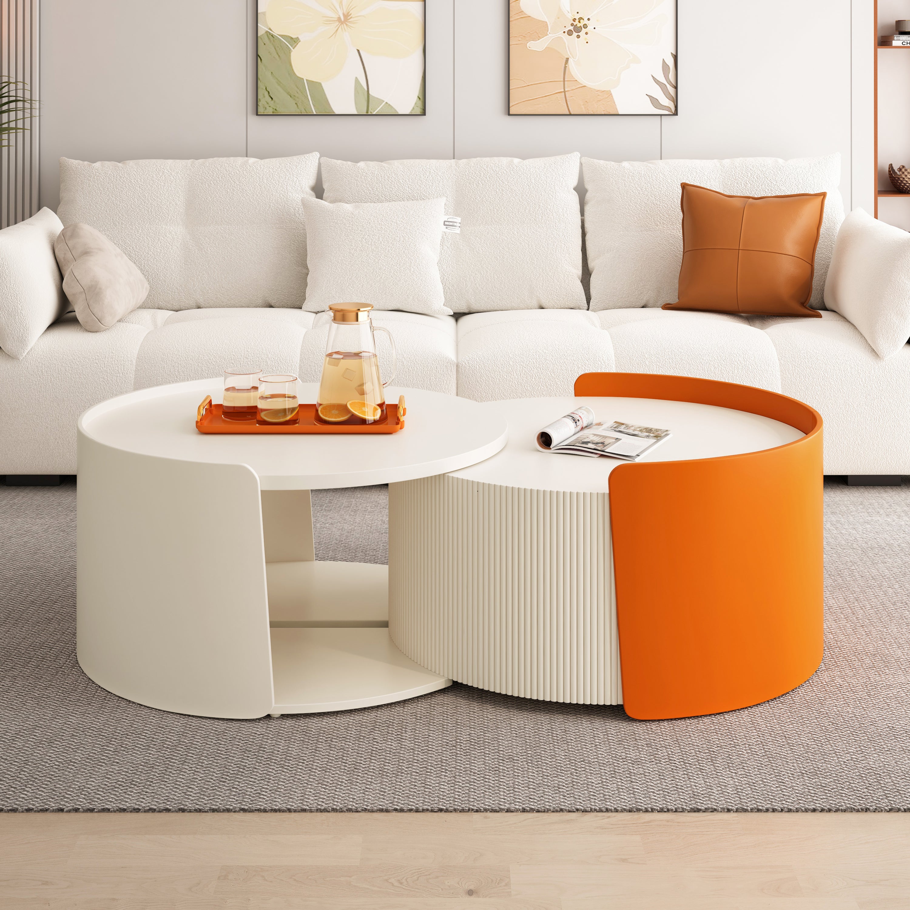 Nesting Coffee Table Set, Round Side Tables for Small Spaces (White)