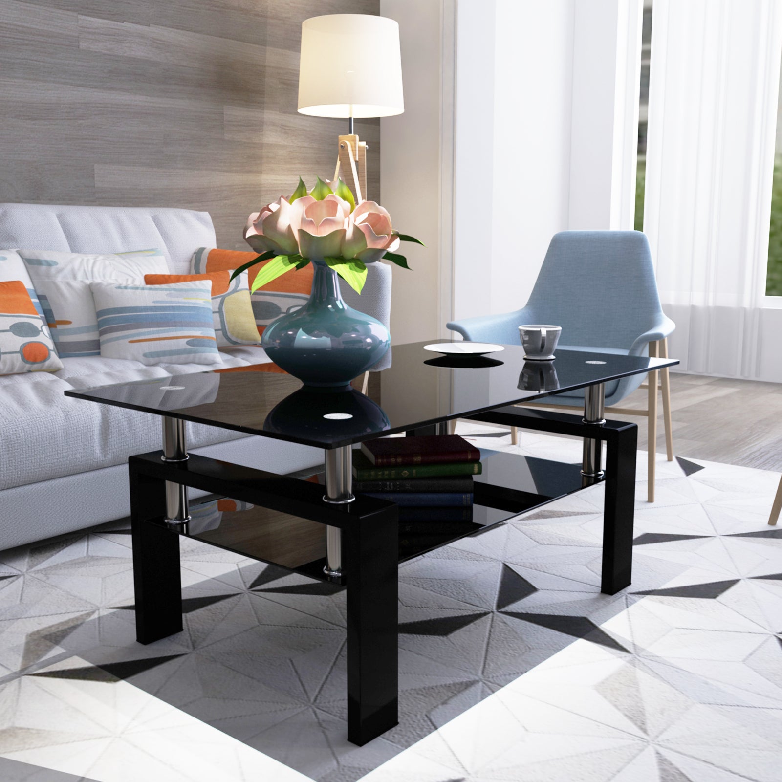 Modern Black Glass Coffee Table for Living Room