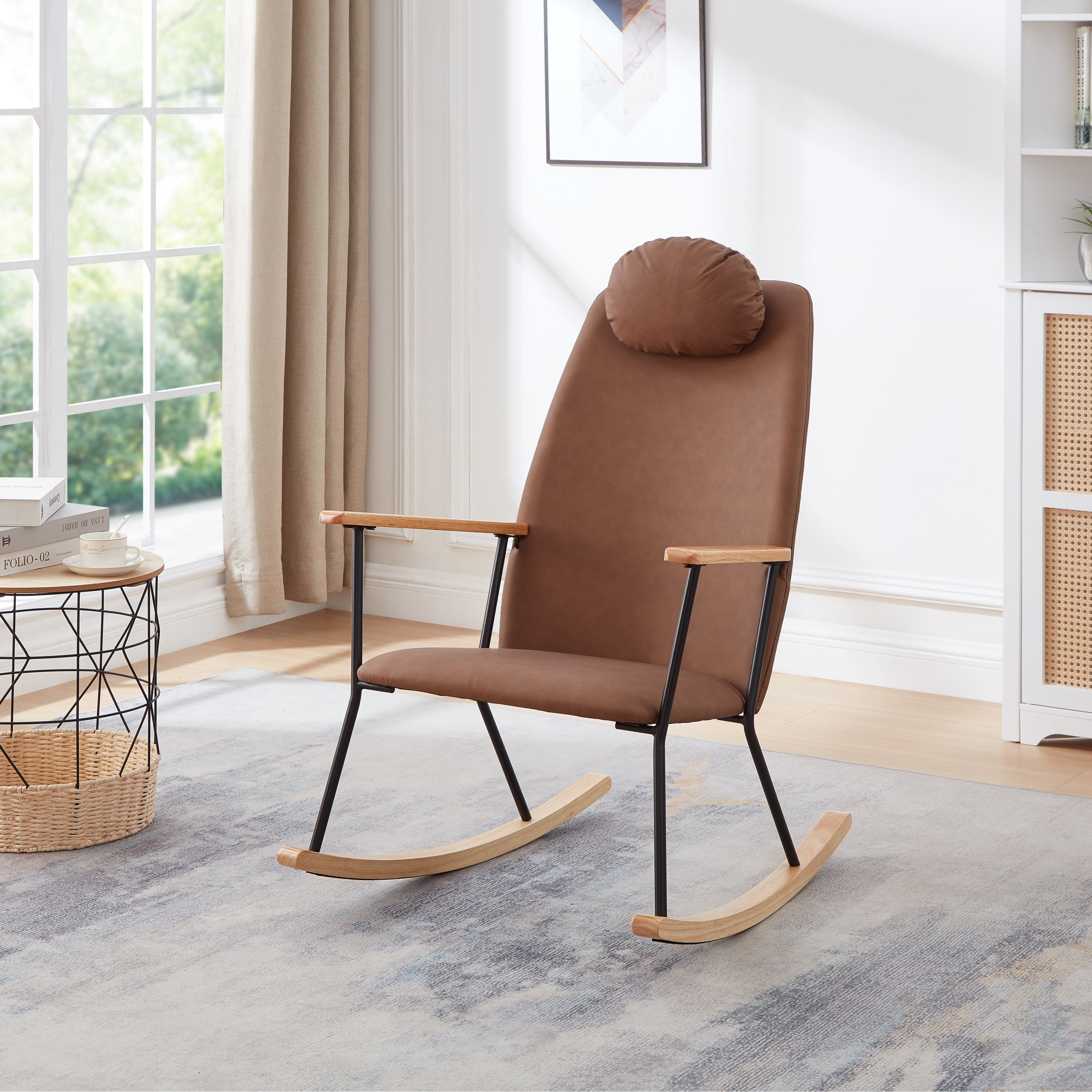 Modern Rocking Chair: Adjustable Headrest & High Back