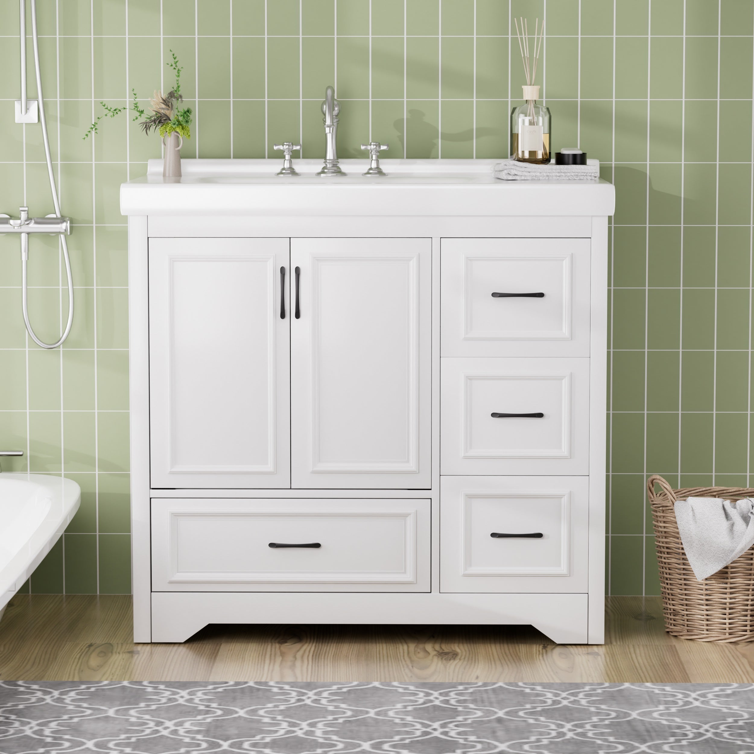 36" White Bathroom Vanity with Single Sink & Drawers
