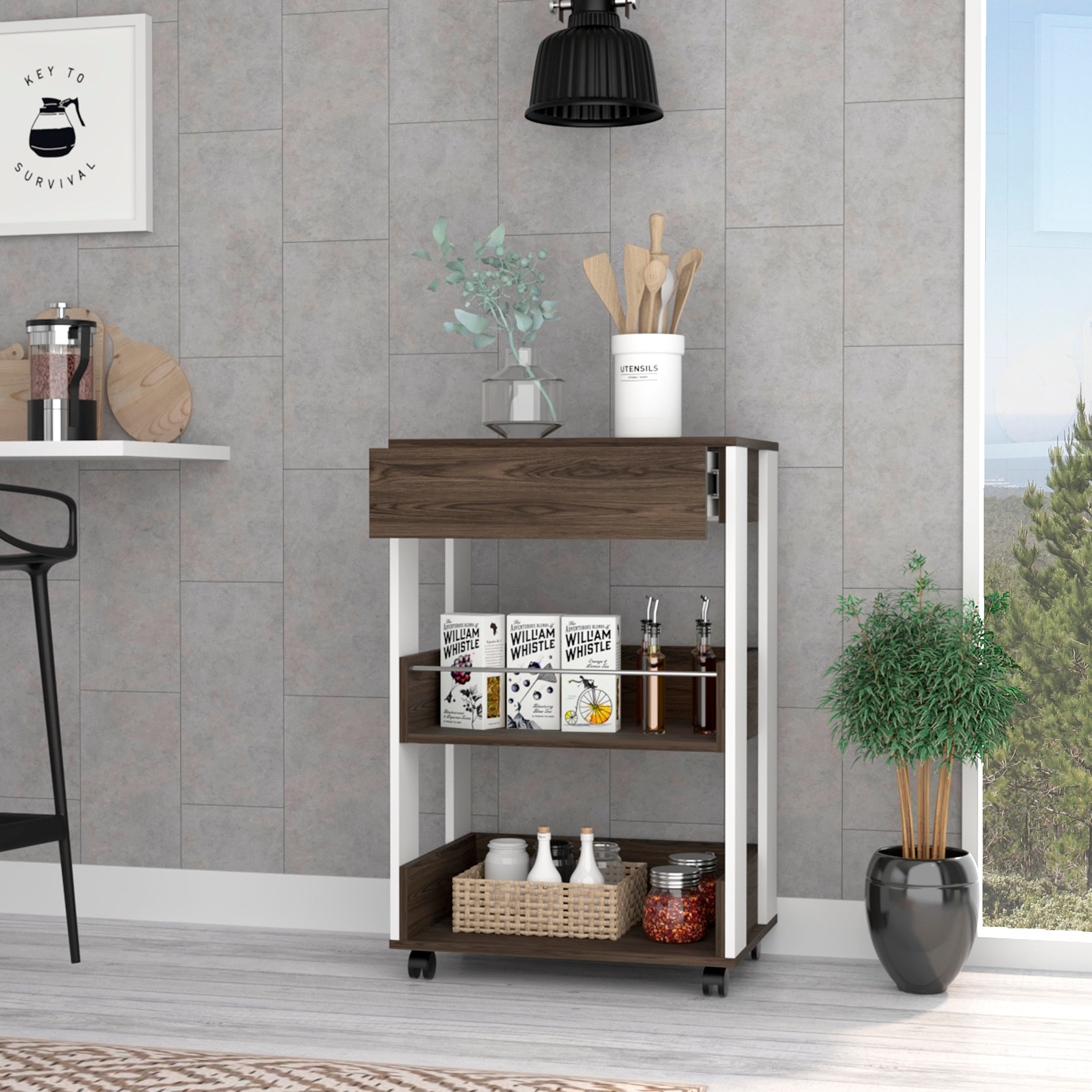 Kitchen Cart with Drawer & Shelves, White/Walnut