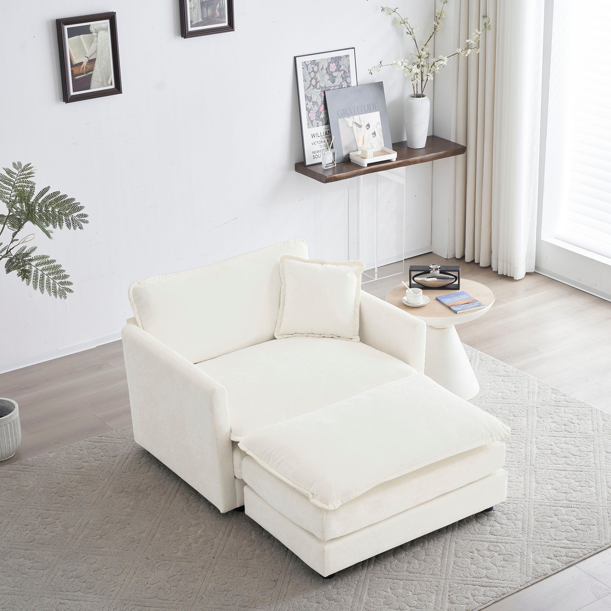 Modern White Chenille Accent Chair & Ottoman
