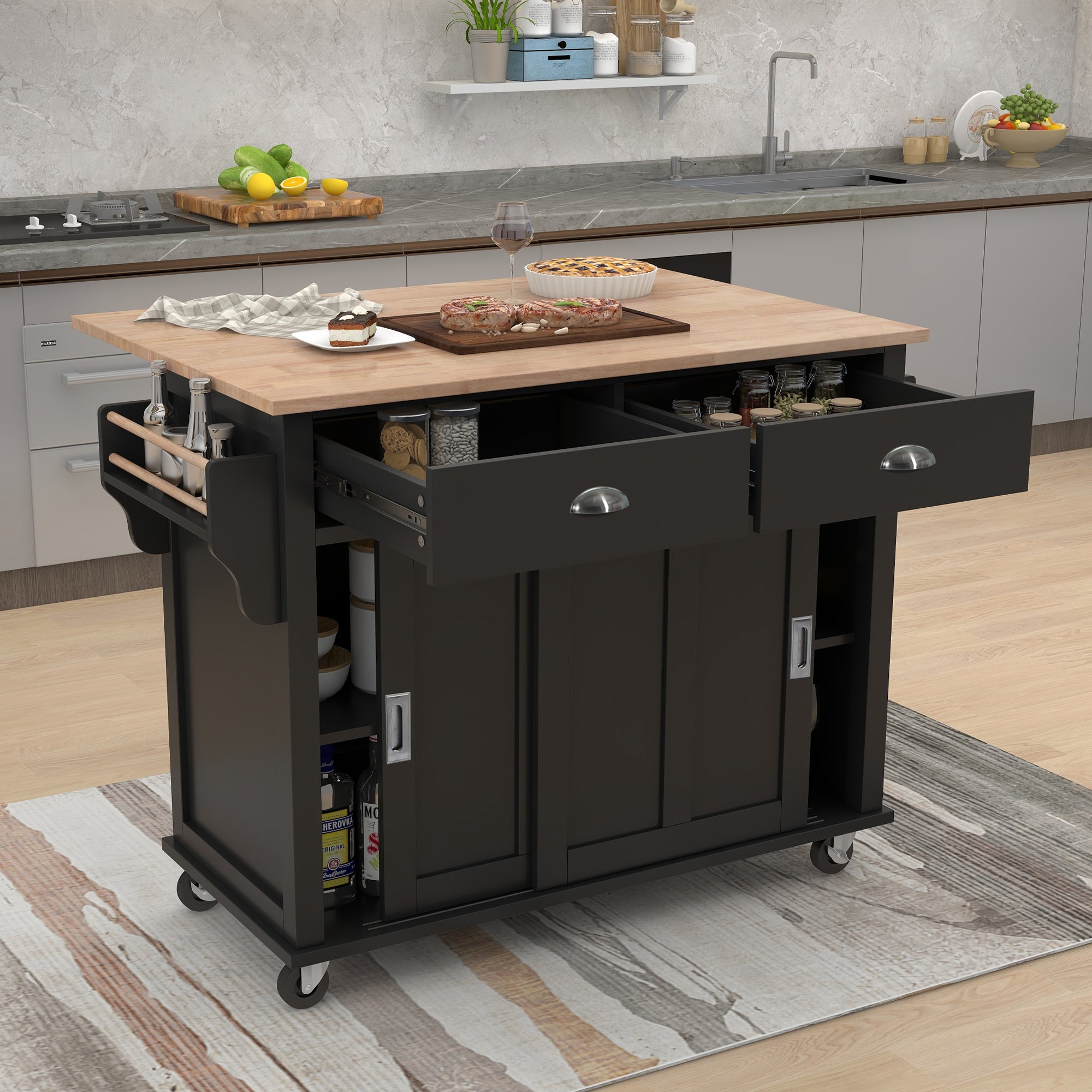 Rolling Kitchen Cart w/ Drop Leaf & Storage | Black