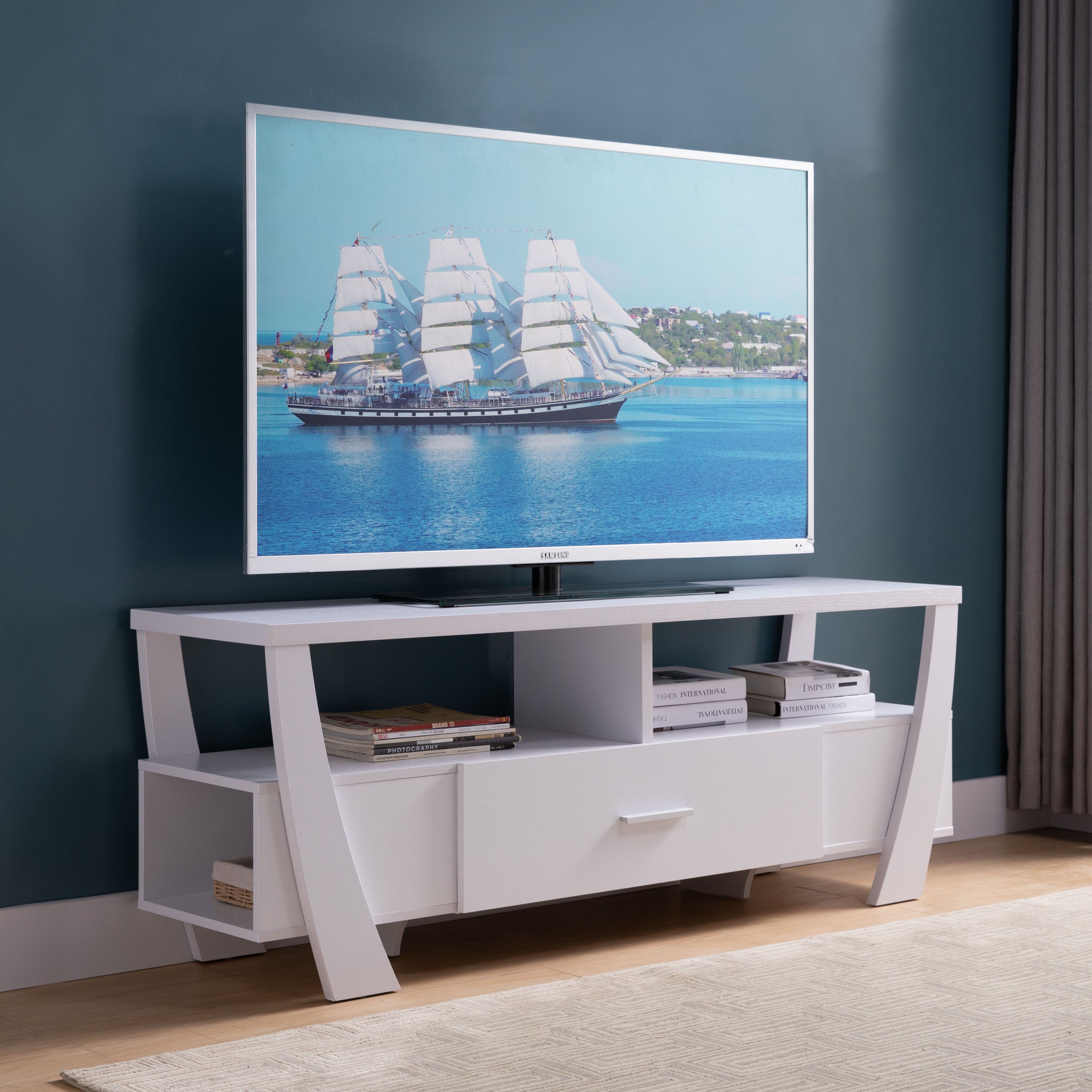 White Contemporary TV Stand w/ Shelves & Drawer