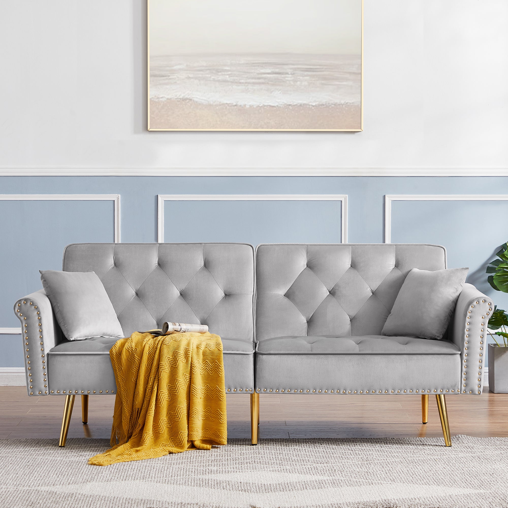 Grey Velvet Tufted Sofa: Nailhead Trim & Pillows