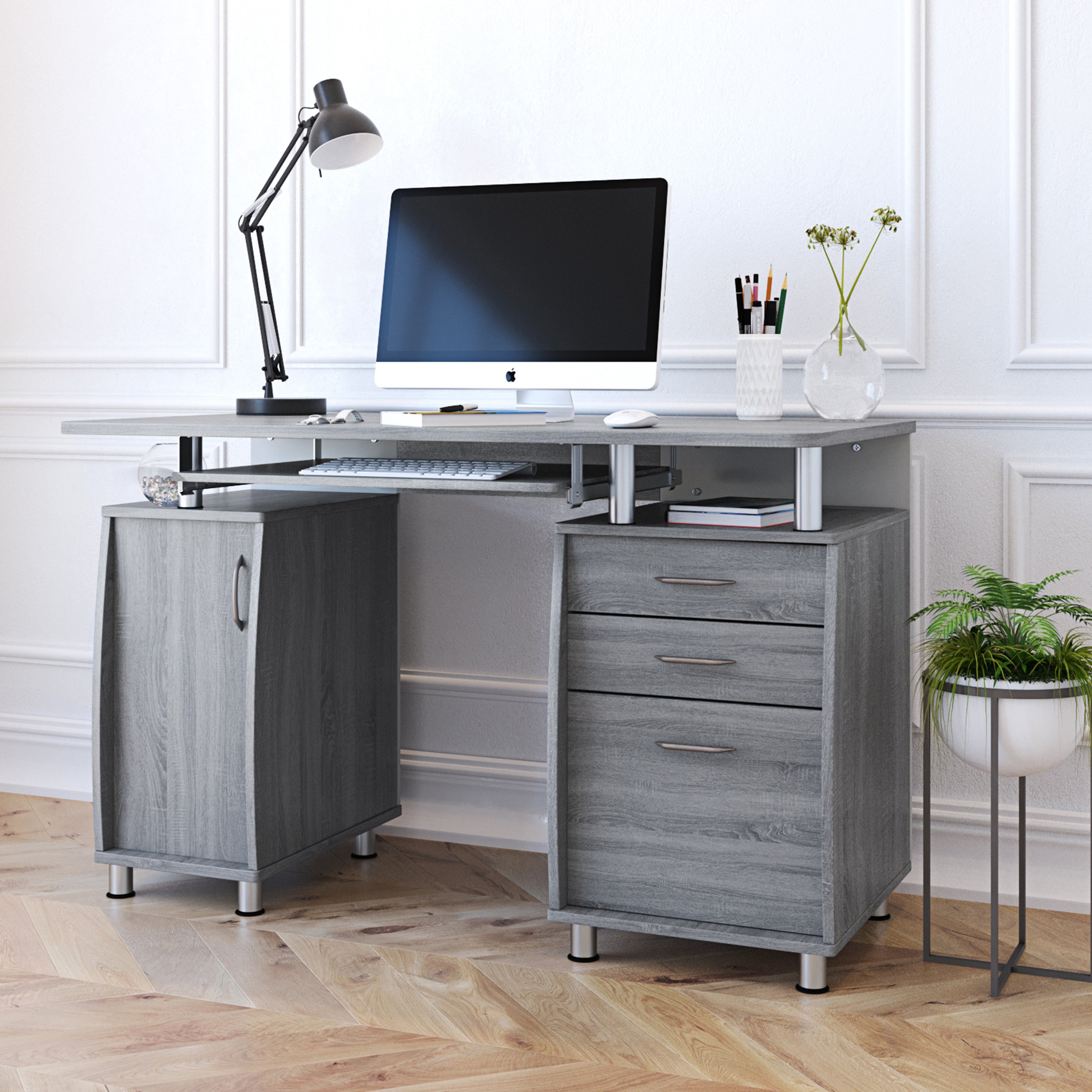 Grey Computer Desk with Storage | Complete Workstation