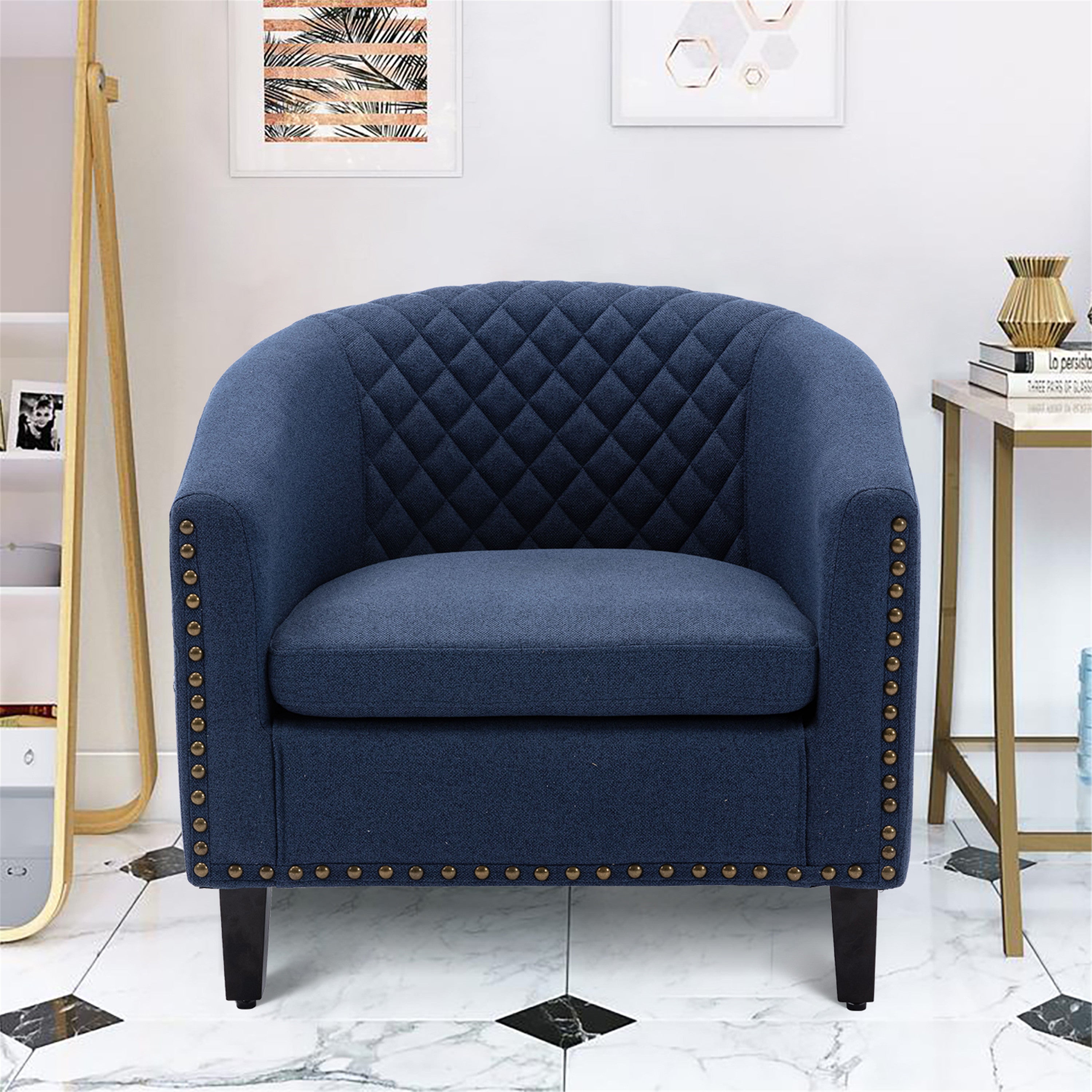 Navy Linen Barrel Chair: Soft, Nailhead Trim, Solid Wood