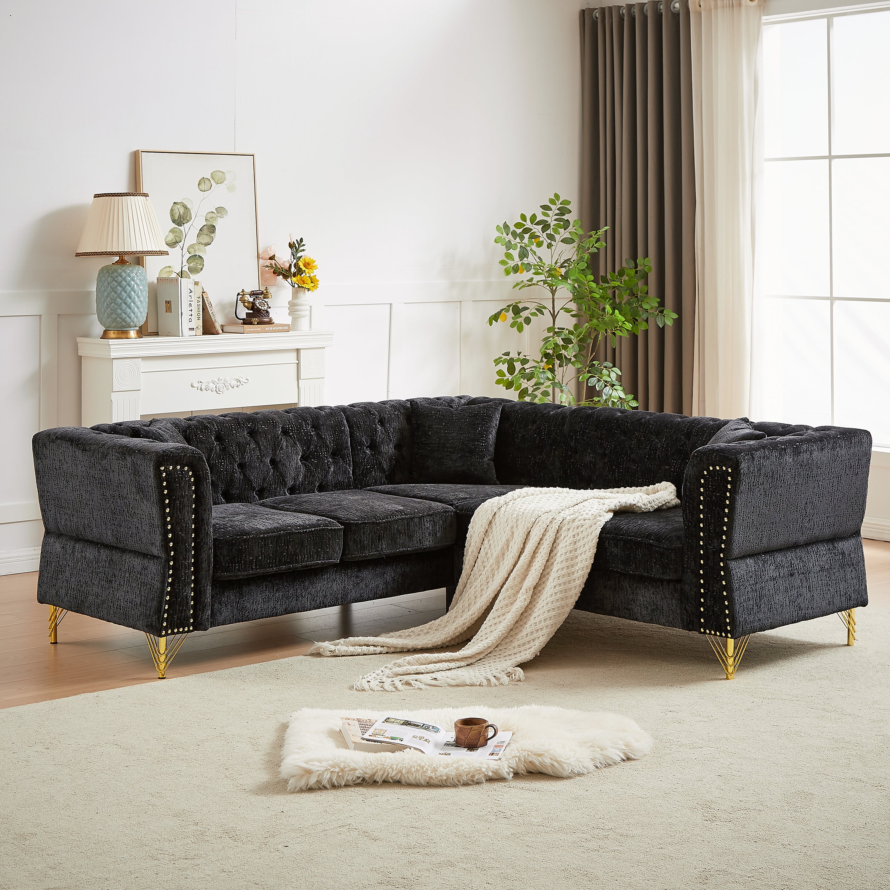 Corner Sofa: 81.5" Chenille L-Shaped Sectional