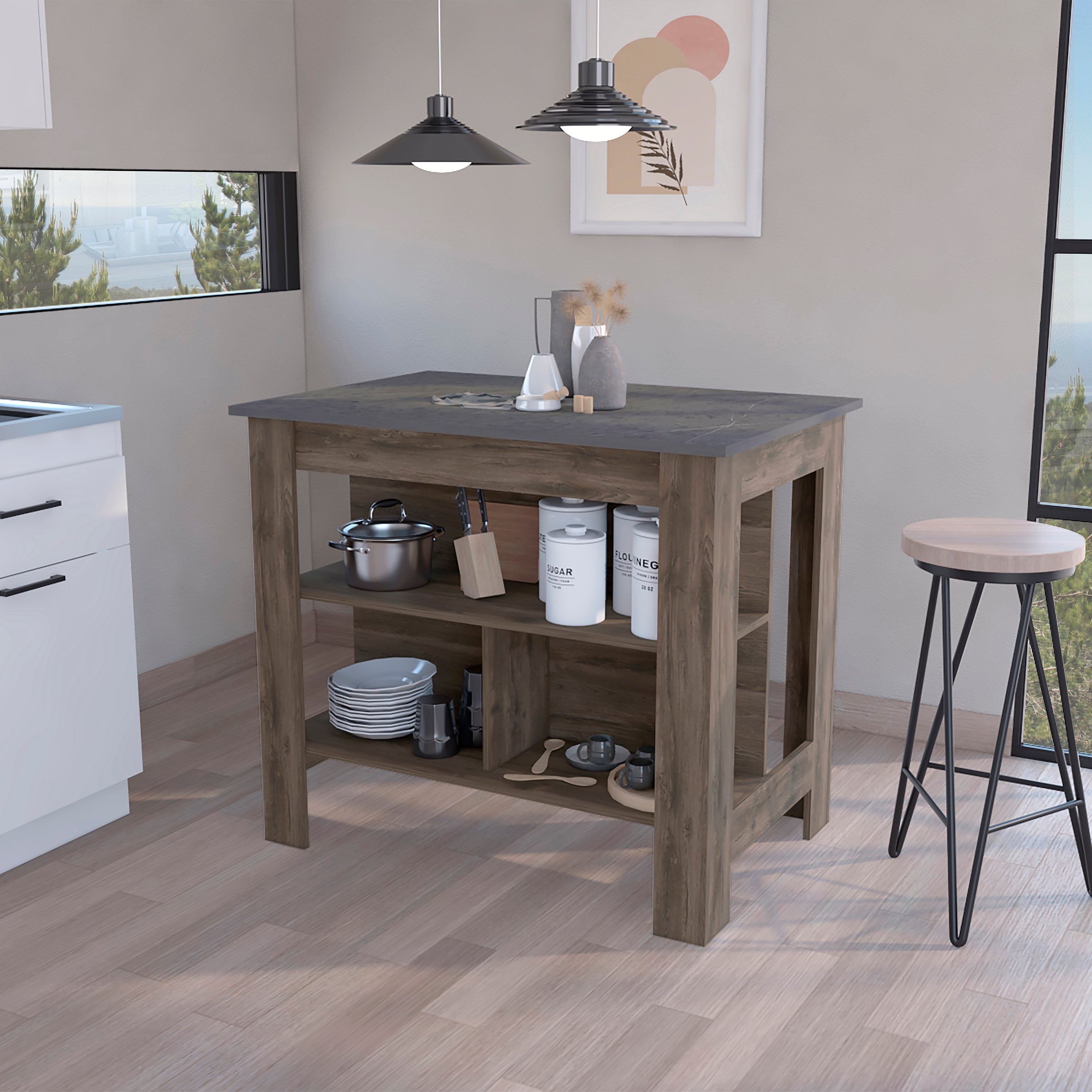 Dozza Kitchen Island: 3 Shelves, Dark Brown Onyx