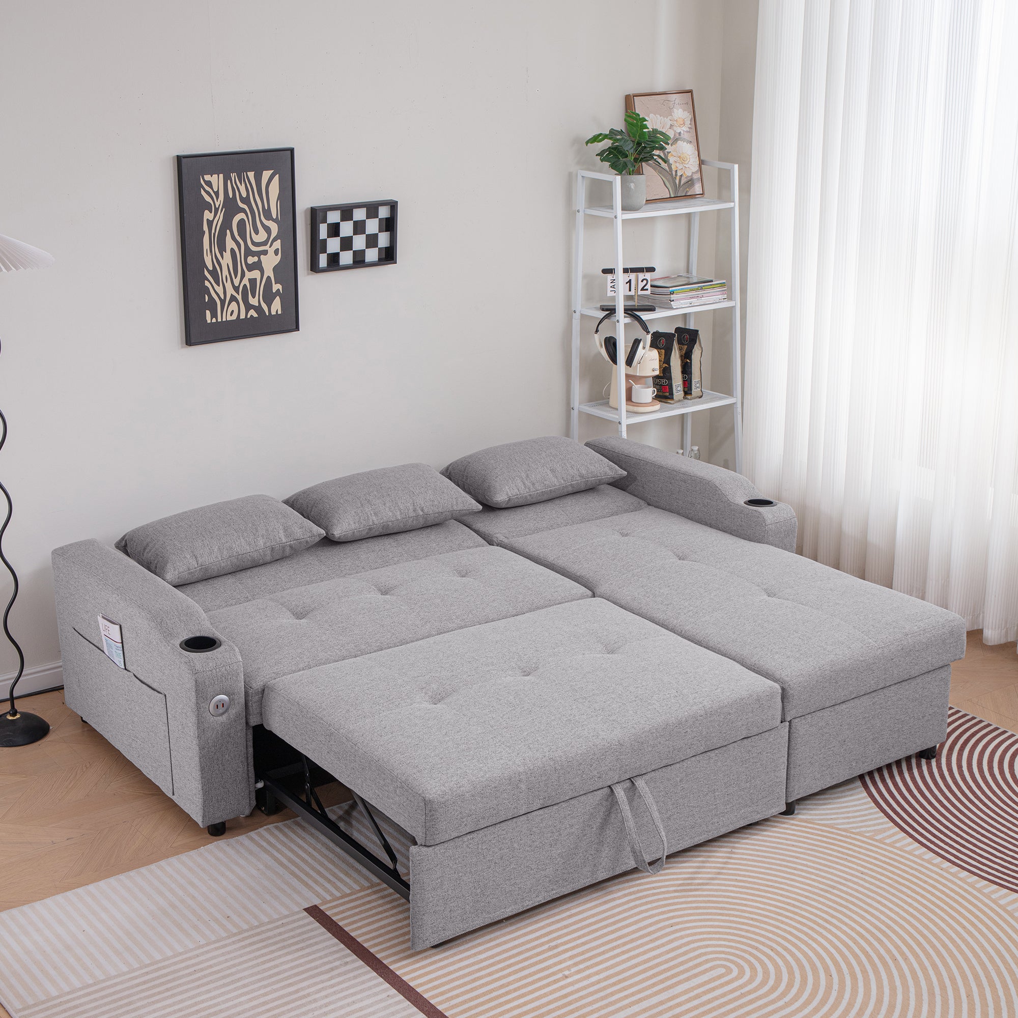 84" Sofa Bed: Adjustable Backrest, USB, Storage Chaise