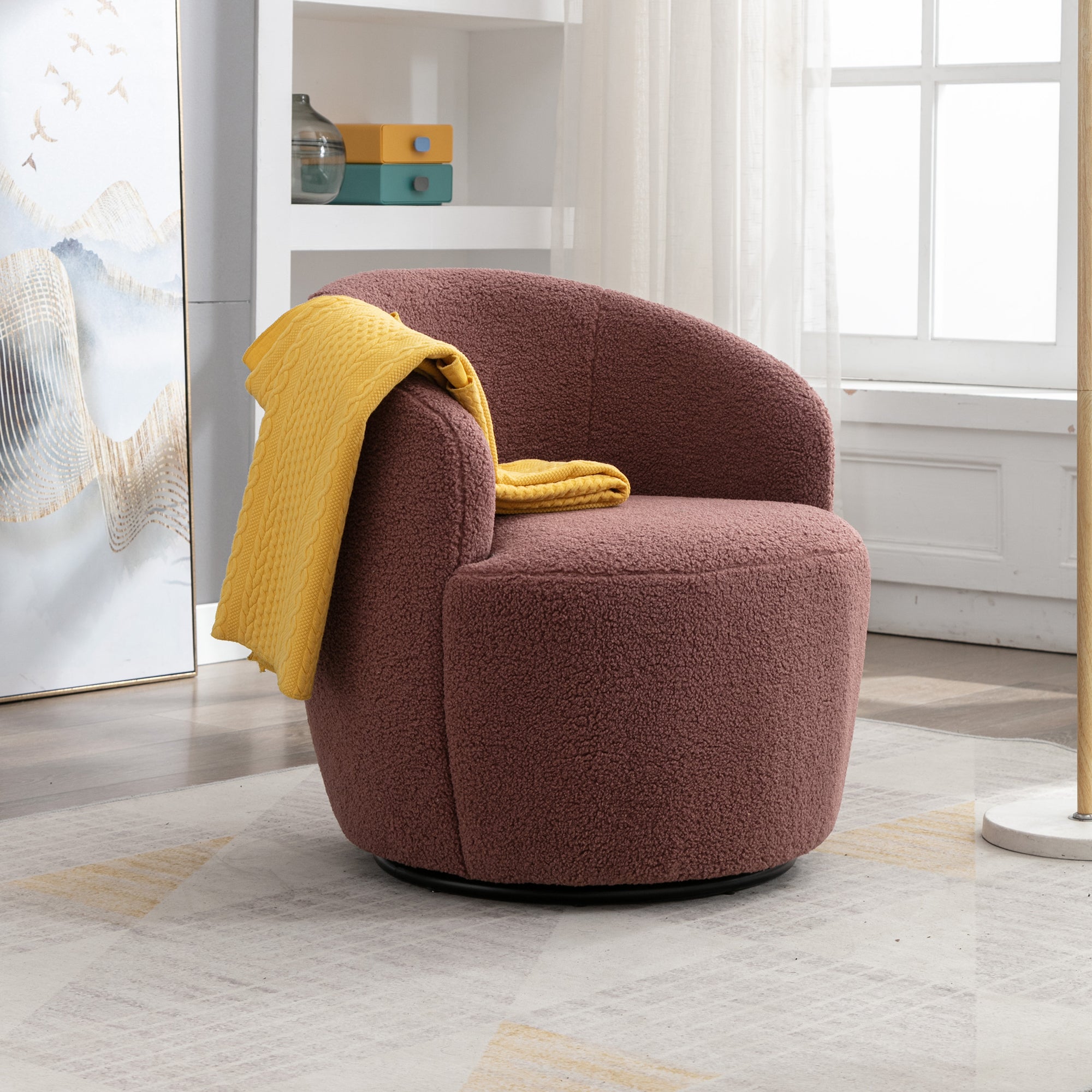 Dark Red Teddy Fabric Swivel Armchair