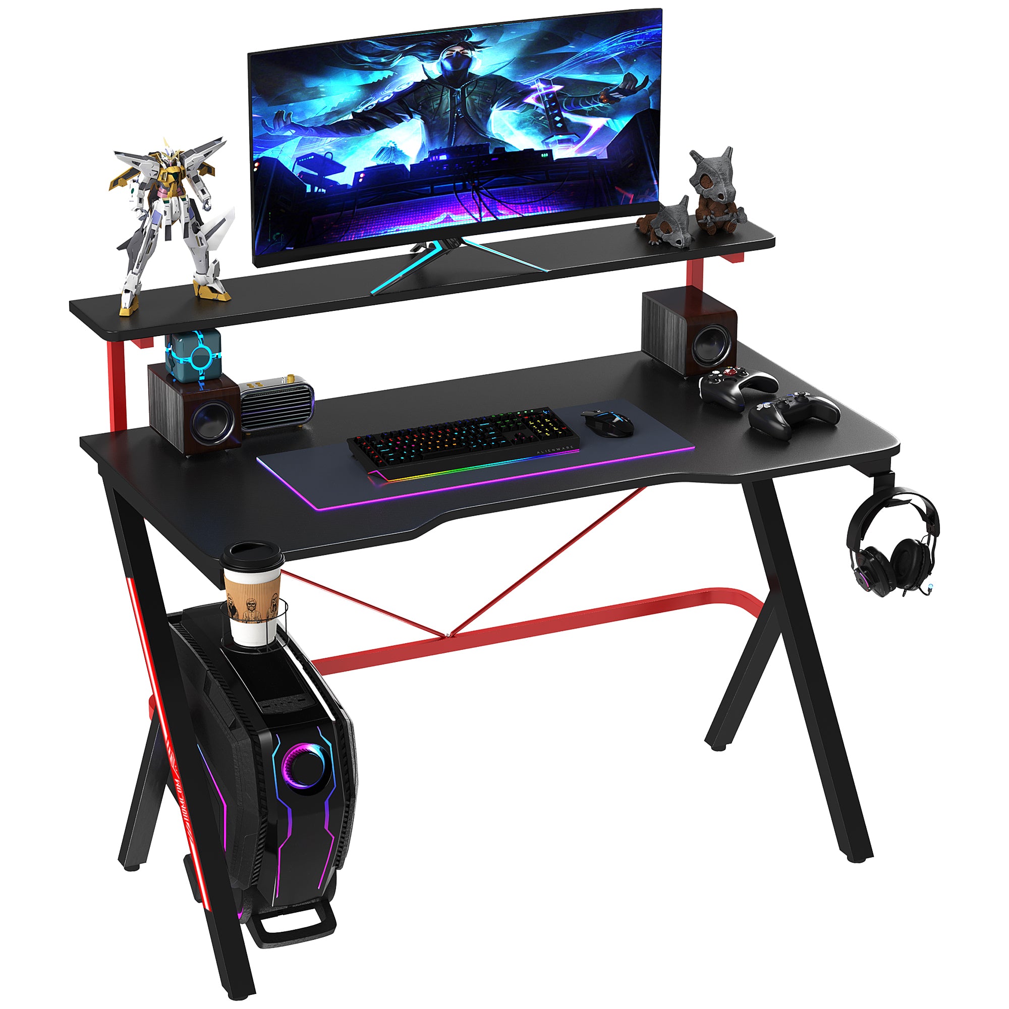 47" Gaming Desk w/ Monitor Shelf & Cup Holder - Black