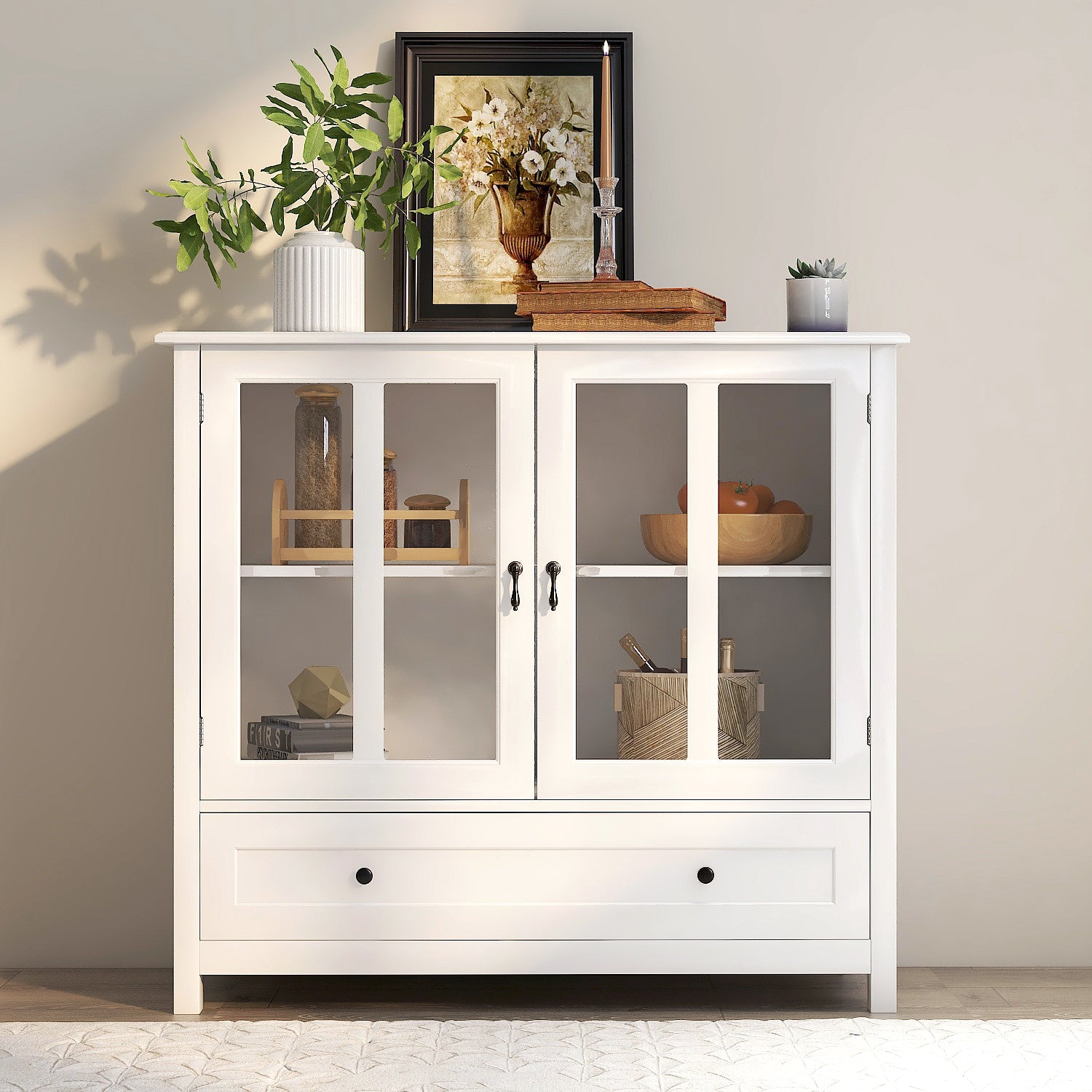 Buffet Cabinet: Double Glass Doors & Bell Handle