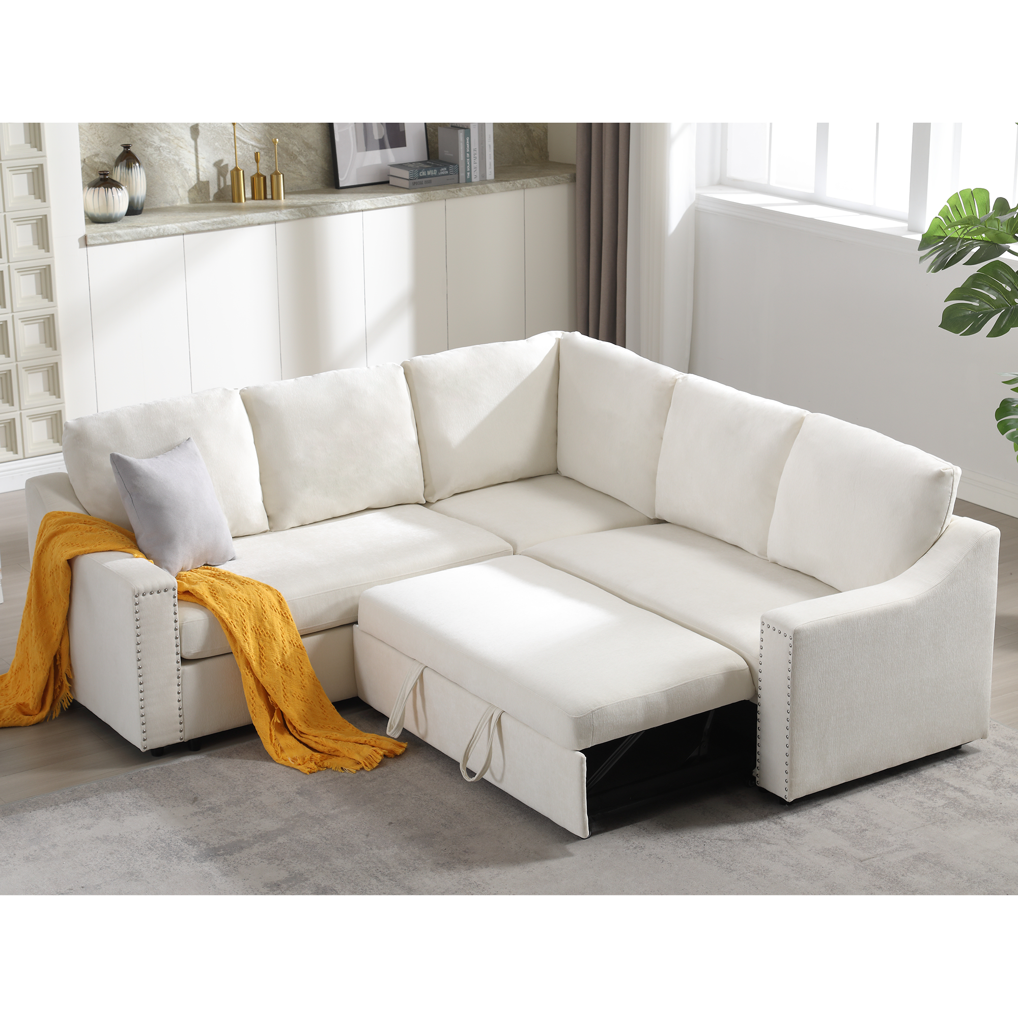 Beige L-Shaped Sofa Bed | Pull-Out Sleeper & Corner Seat
