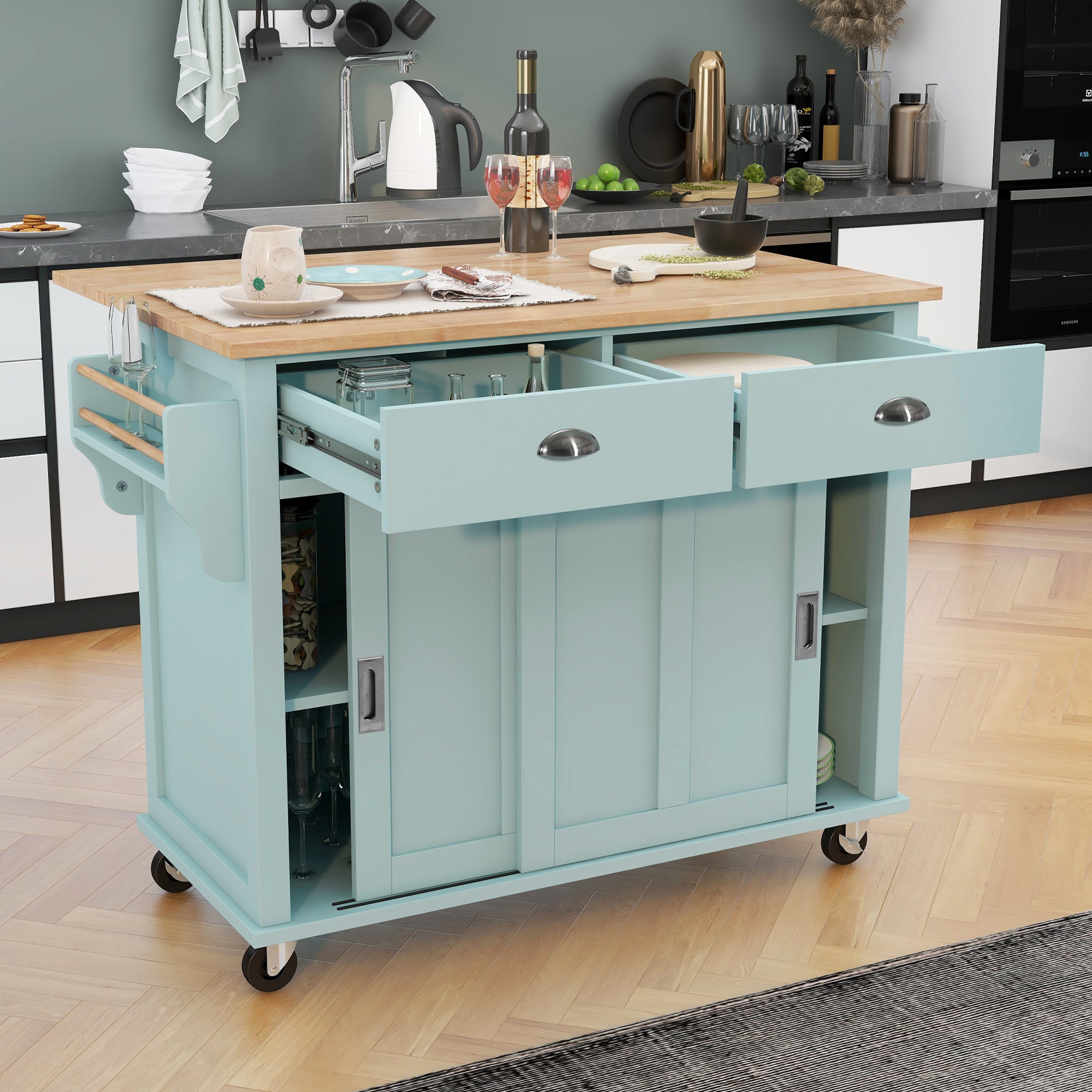 Mint Green Kitchen Cart w/ Drop Leaf & Storage