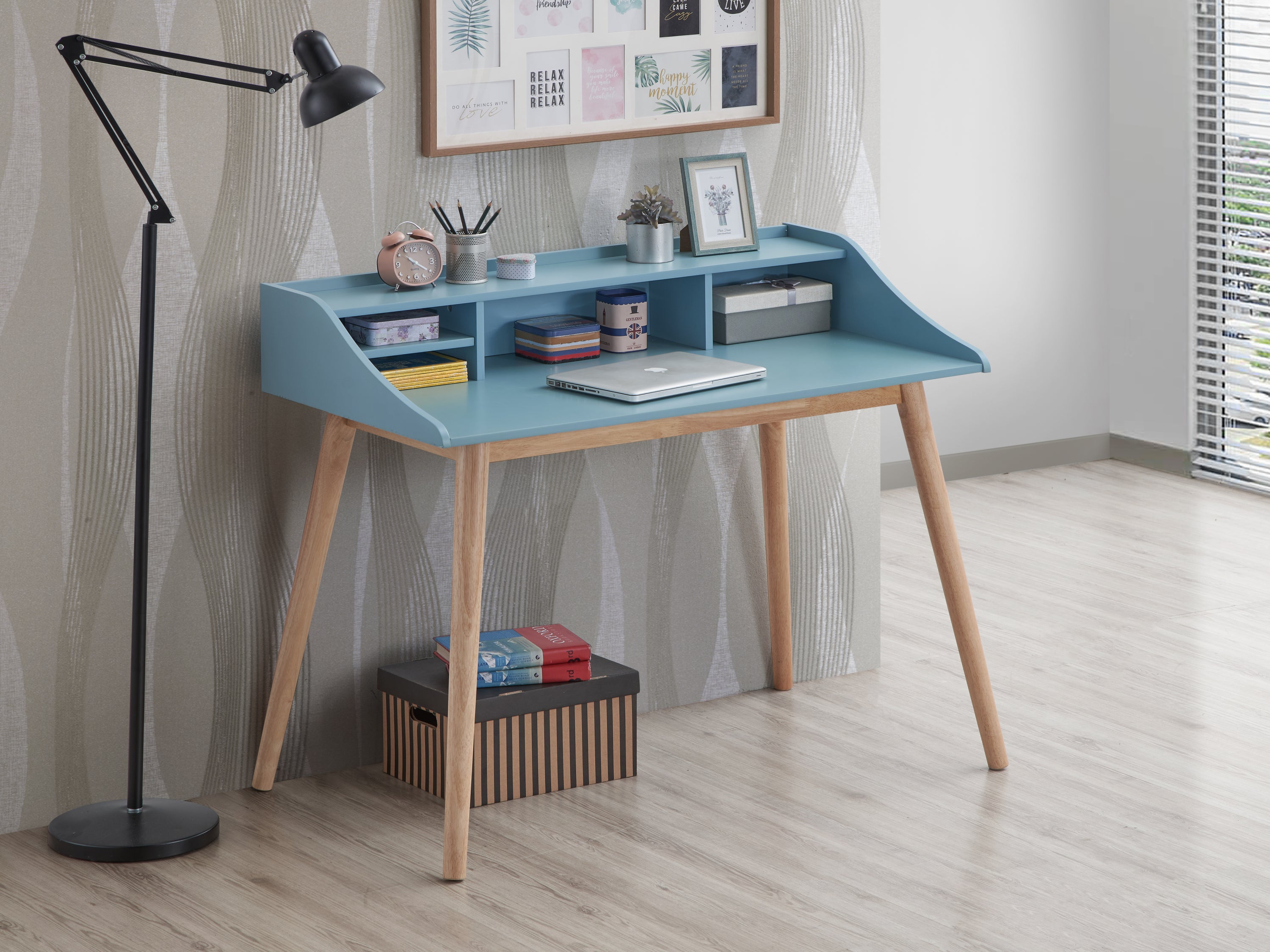 Roskilde Blue Mid-Century Modern Wood Writing Desk with Hutch
