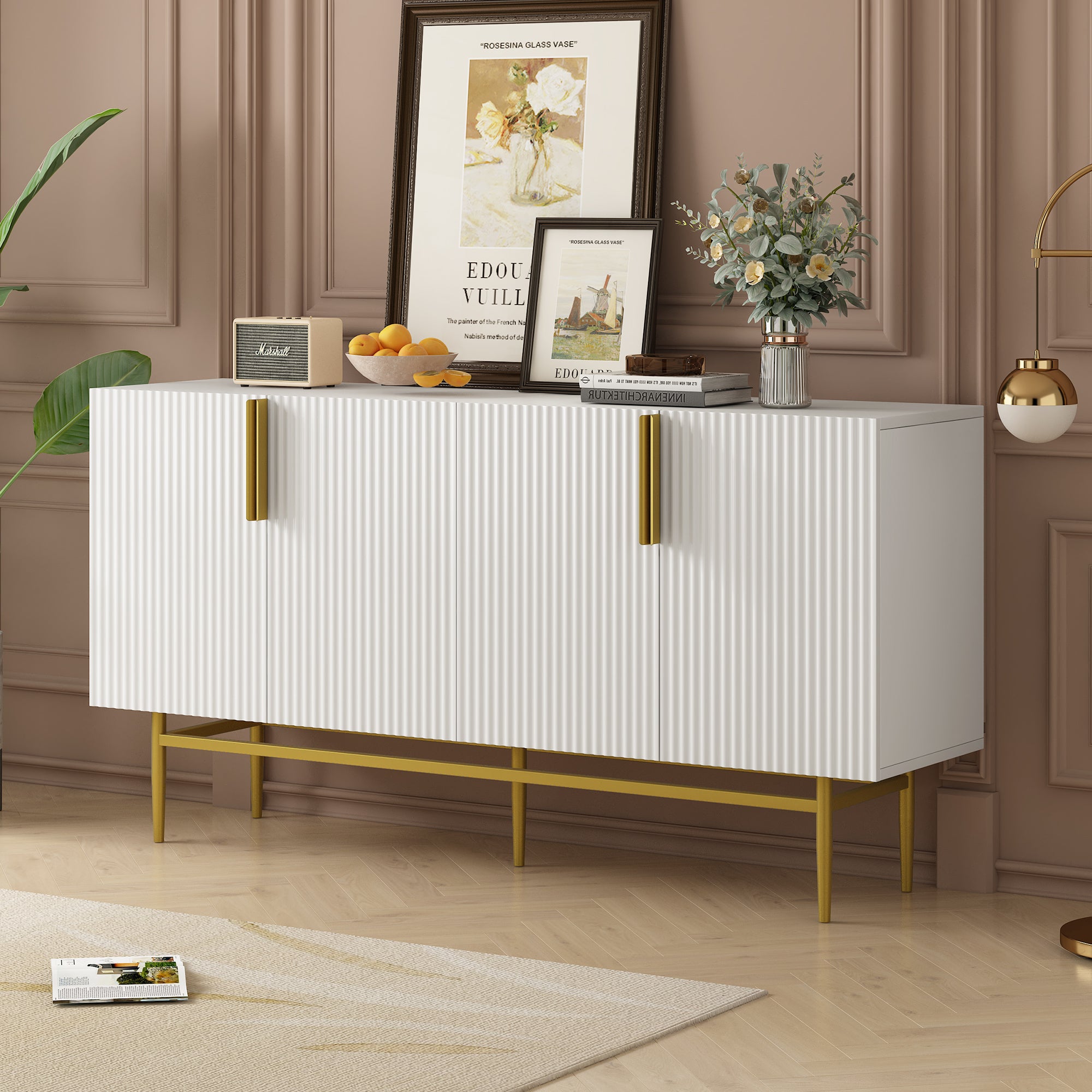 Modern White Sideboard Buffet Cabinet Gold Handles